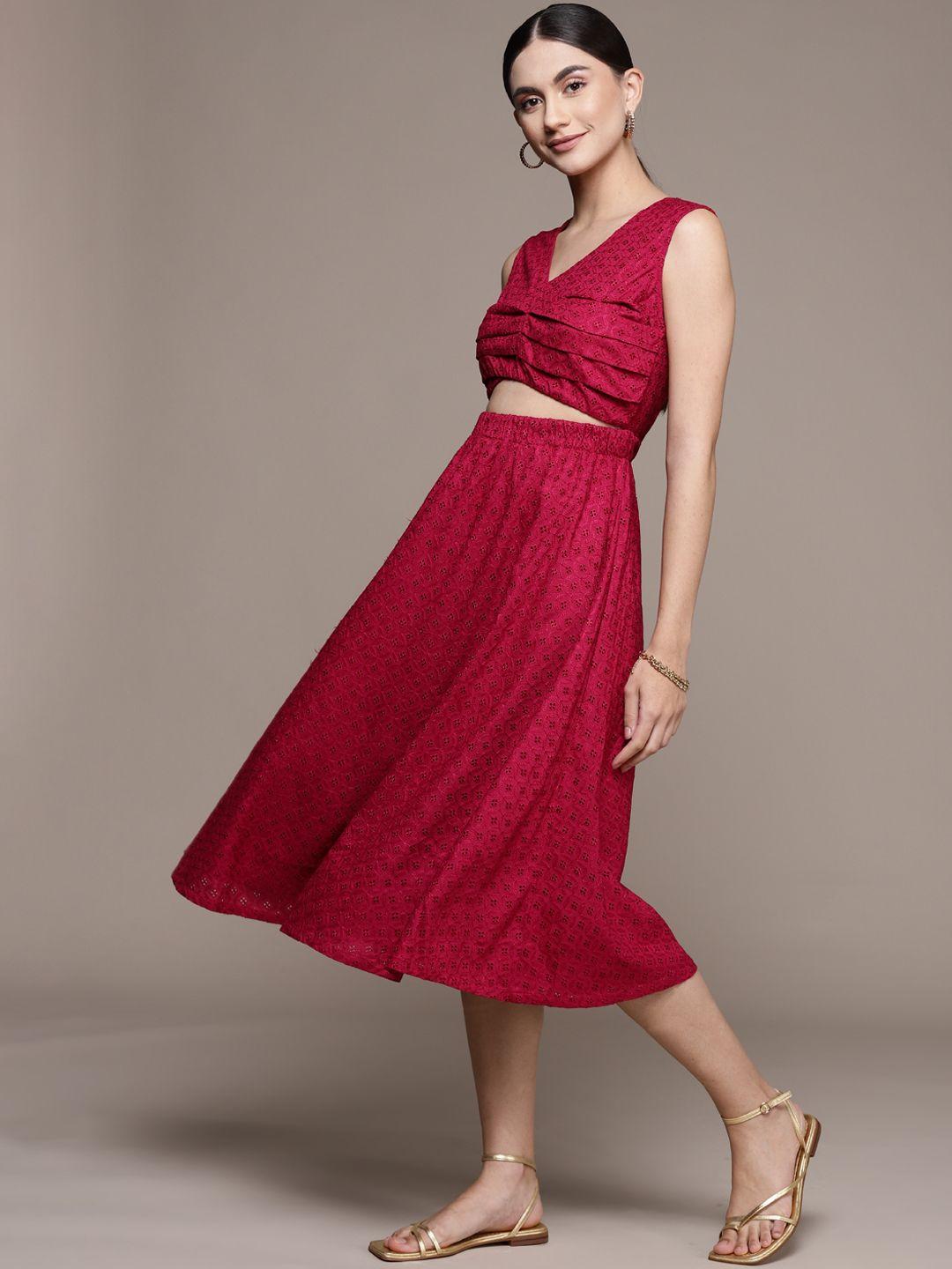 bebe persian red brighter basics schiffli embroidered a-line midi dress