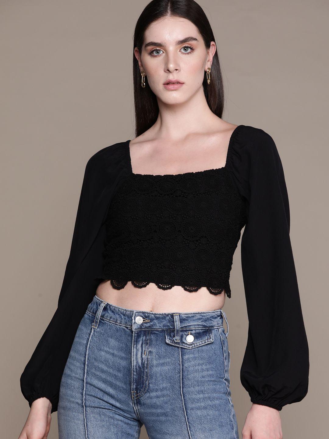 bebe sable-black future glam puff sleeves lace-inserts crop top