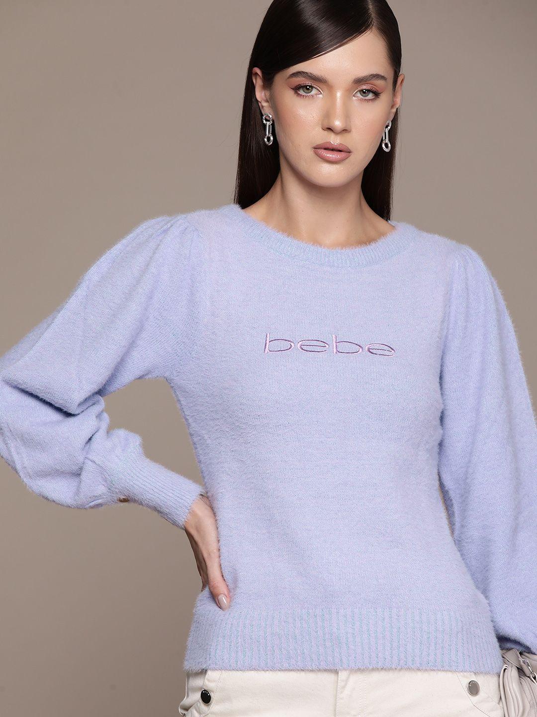 bebe season staples solid brand logo embroidered puffed bishop sleeves pullover