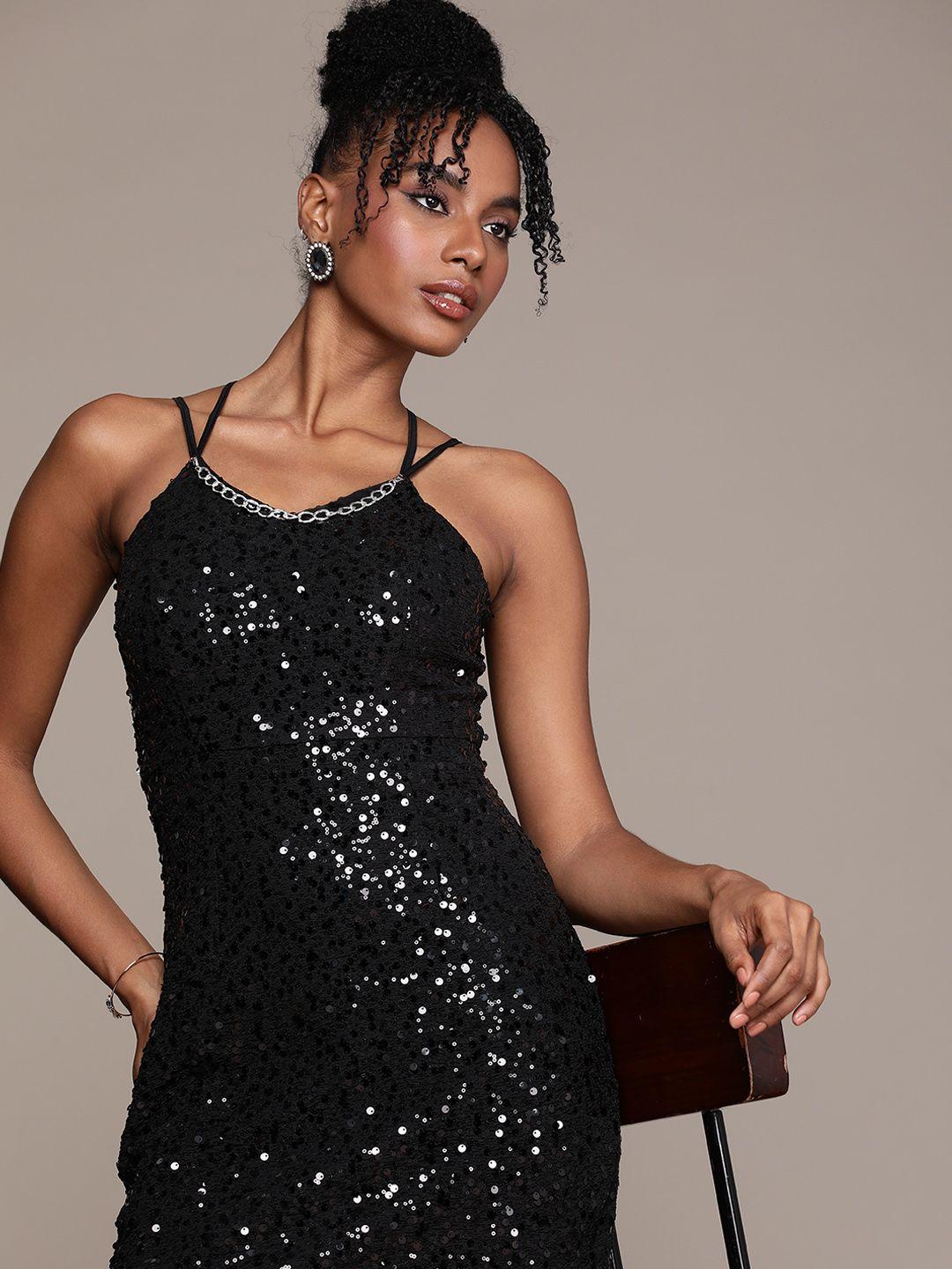 bebe shoulder straps sequined sheath dress