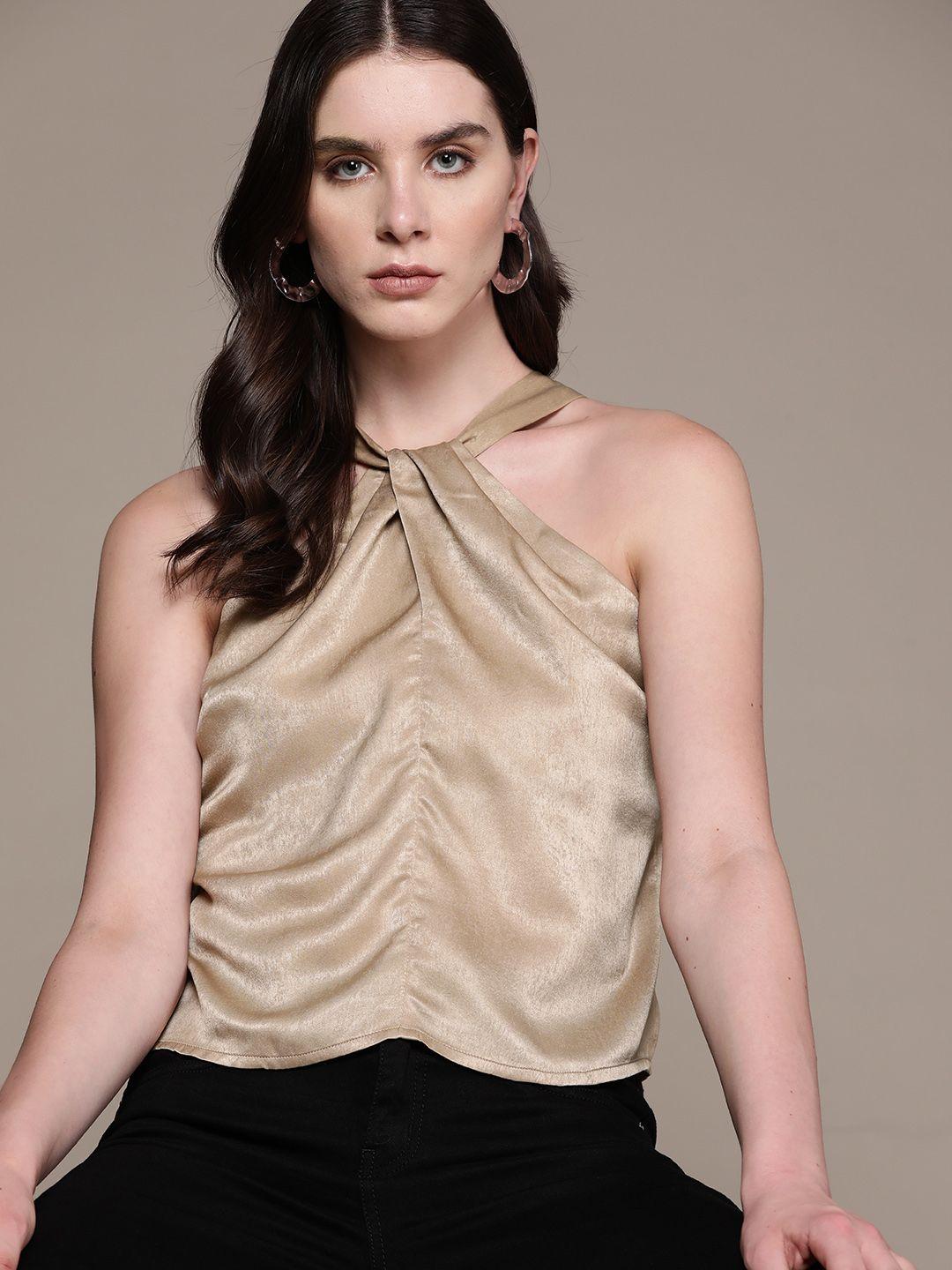 bebe soft romance halter neck twisted detail satin finish top