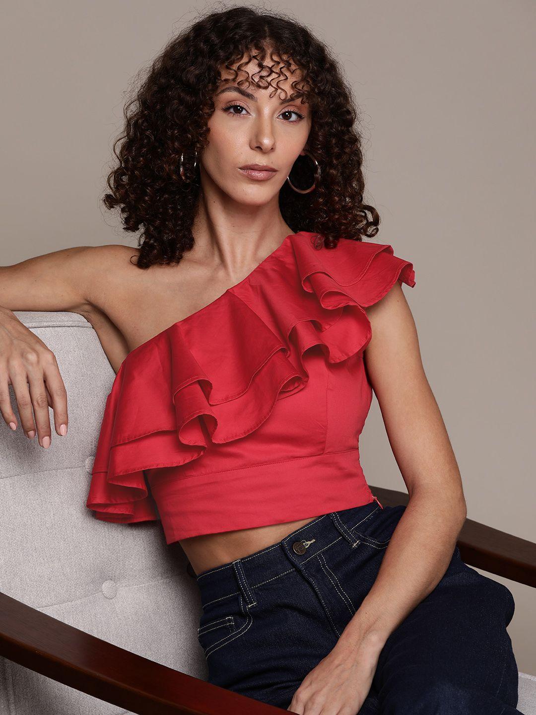 bebe soft romance one-shoulder ruffle detailed crop top