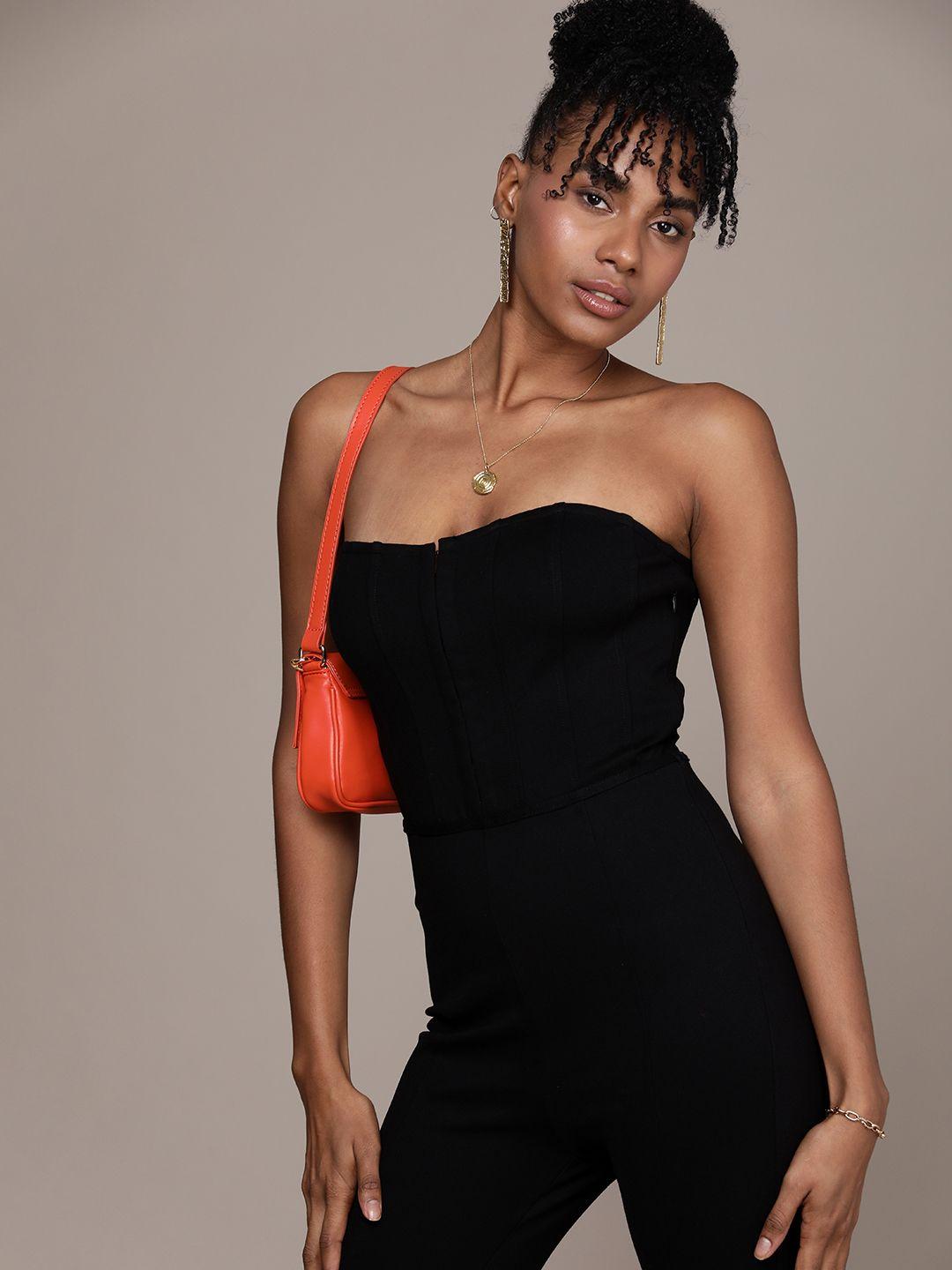 bebe solid strapless basic jumpsuit