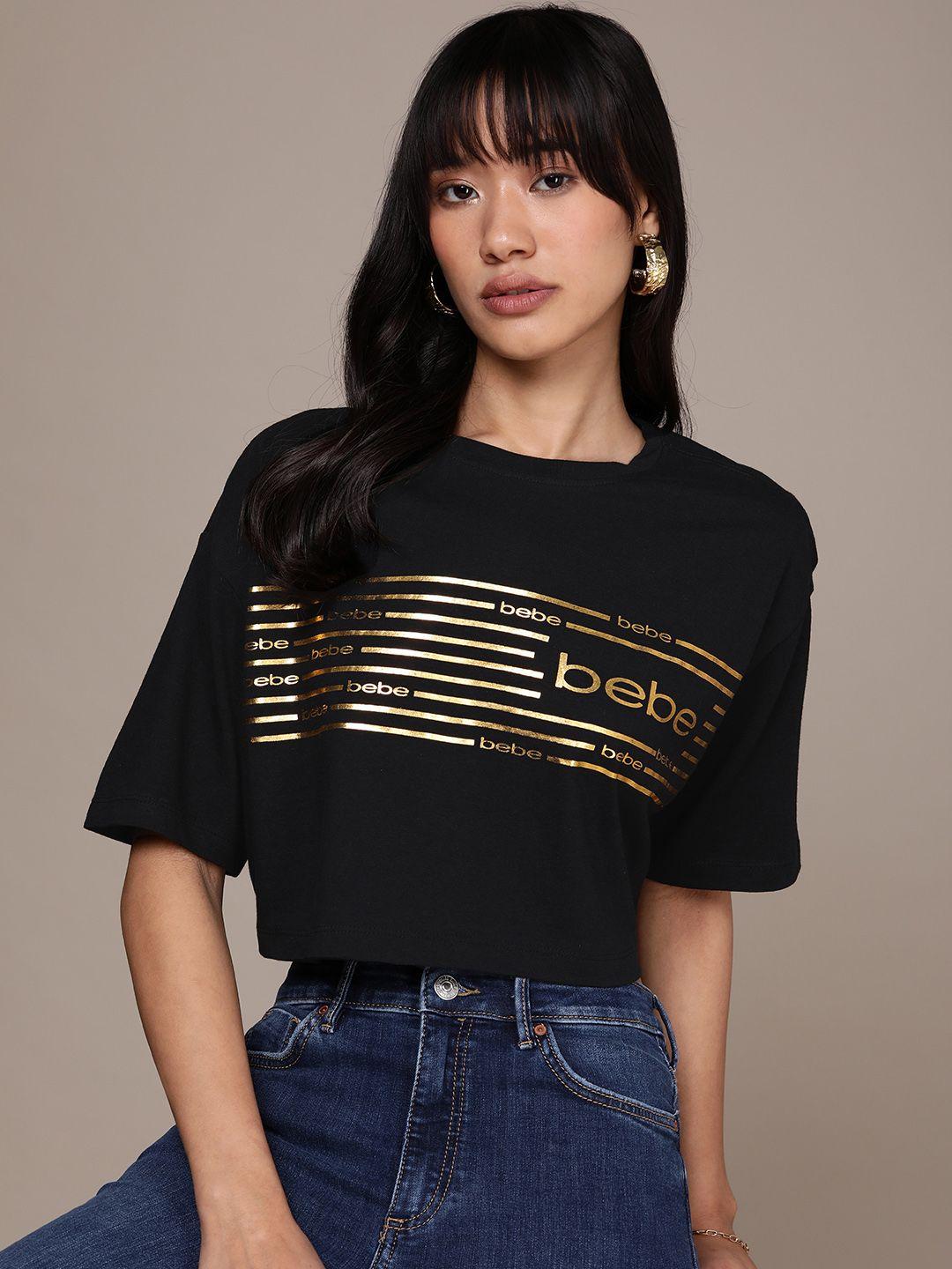 bebe striped & brand logo detail drop-shoulder sleeves t-shirt