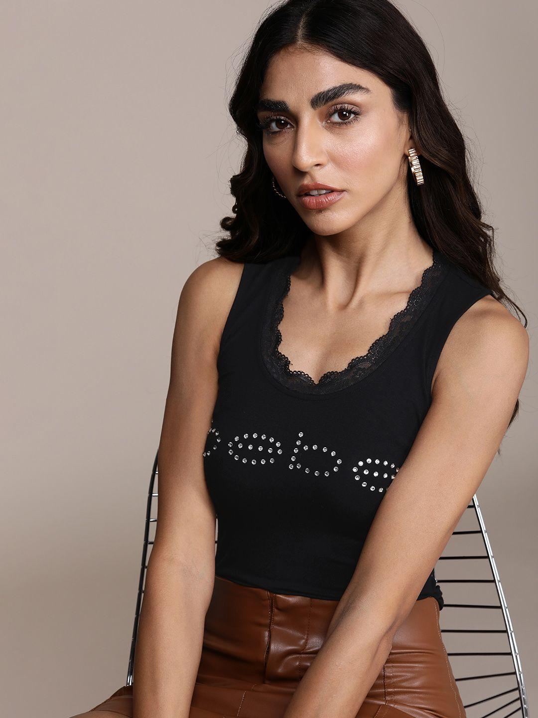bebe women black brand logo designed sleeveless t-shirt with lace detail