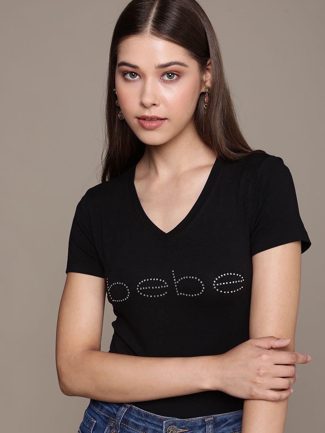 bebe women black essential brand logo embellished v-neck t-shirt