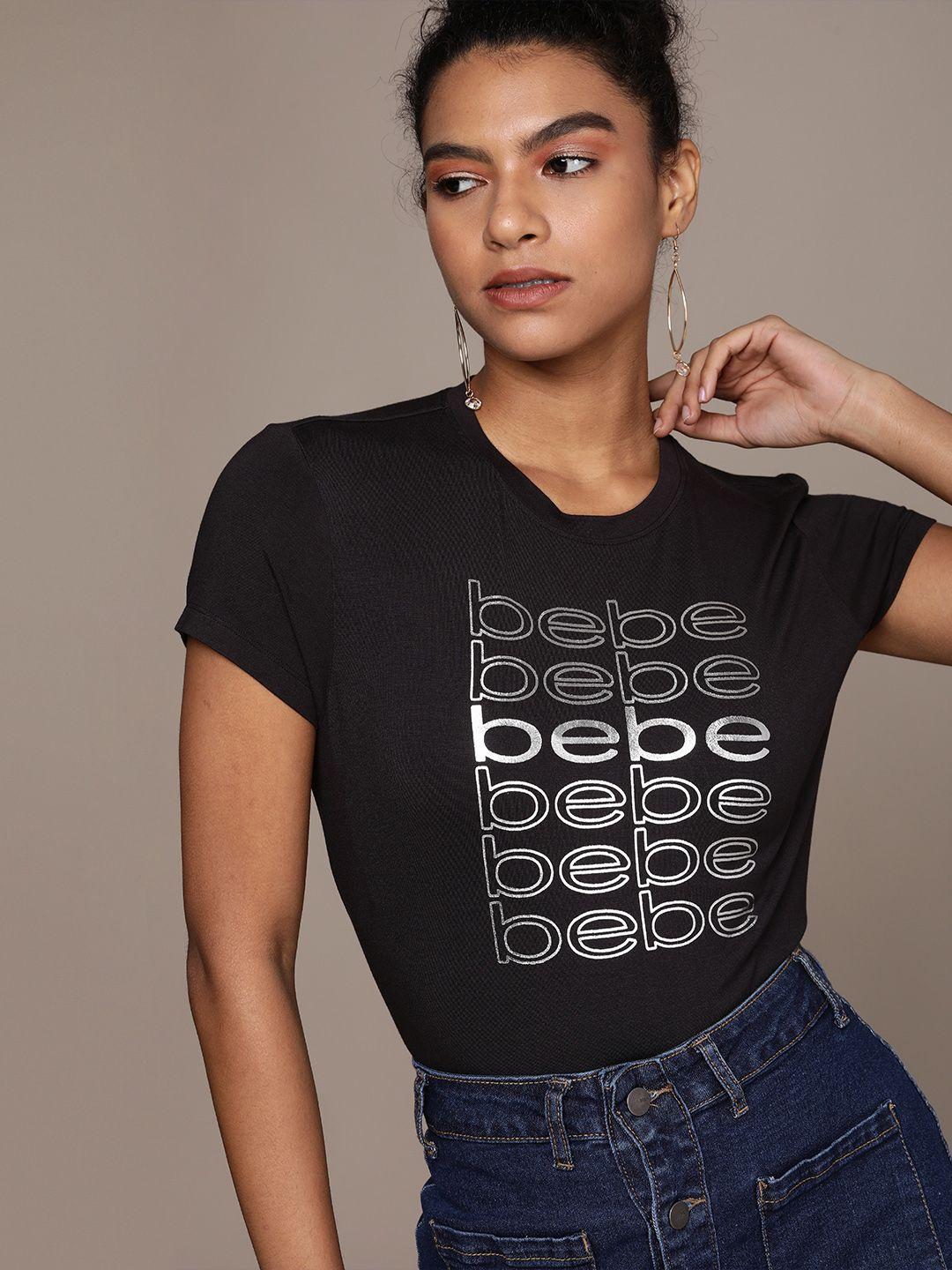 bebe women black essential brand logo printed t-shirt