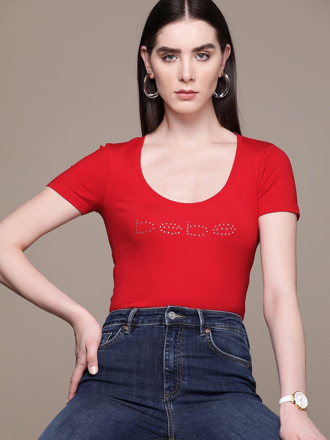 bebe women brighter basics brand logo embellished t-shirt
