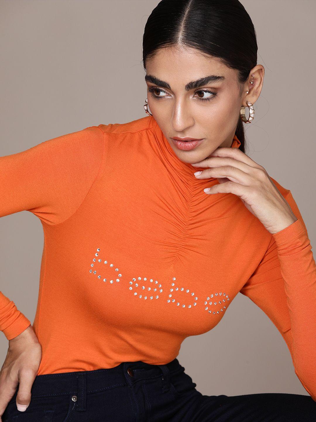 bebe women burnt orange essential solid beads & stones detailing slim fit casual t-shirt