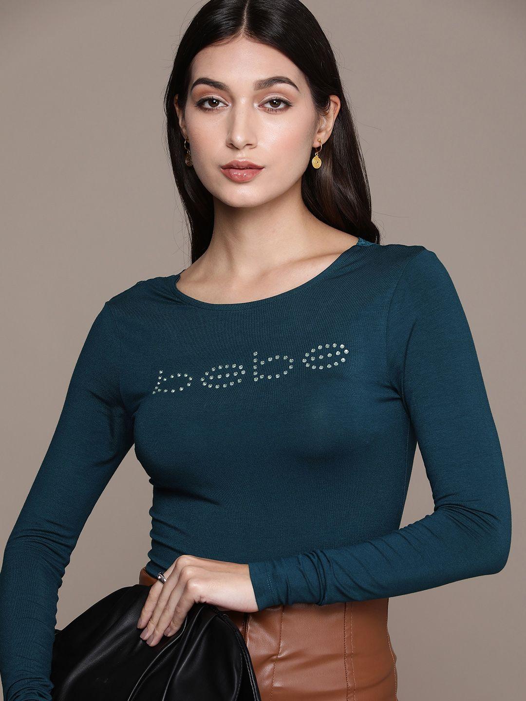 bebe women embellished brand logo solid slim-fit t-shirt with lace detailed back