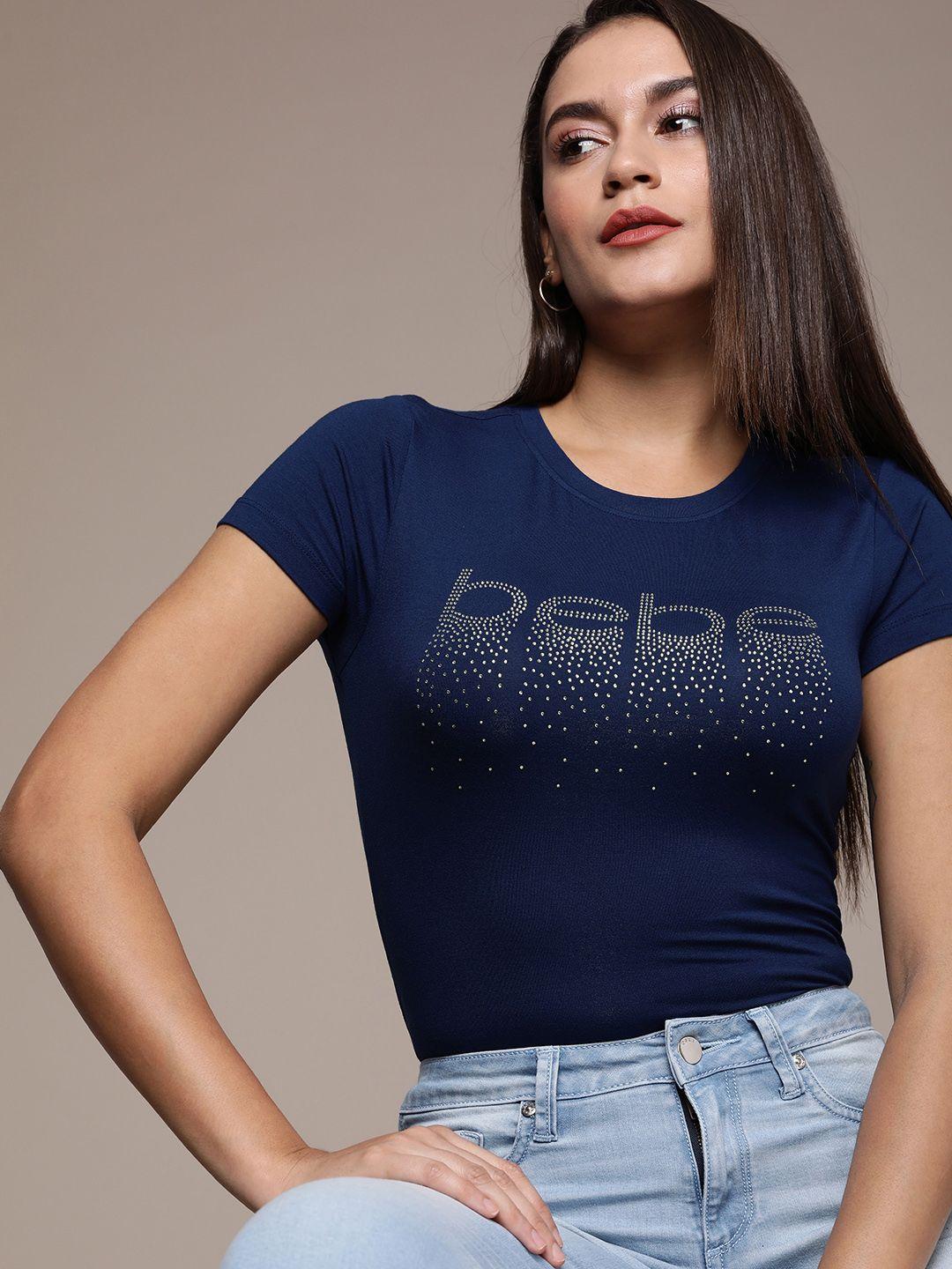 bebe women essential daylight blue season staple brand logo print t-shirt