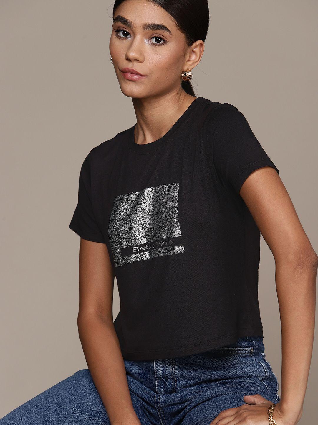 bebe women jet black season staple brand logo print t-shirt