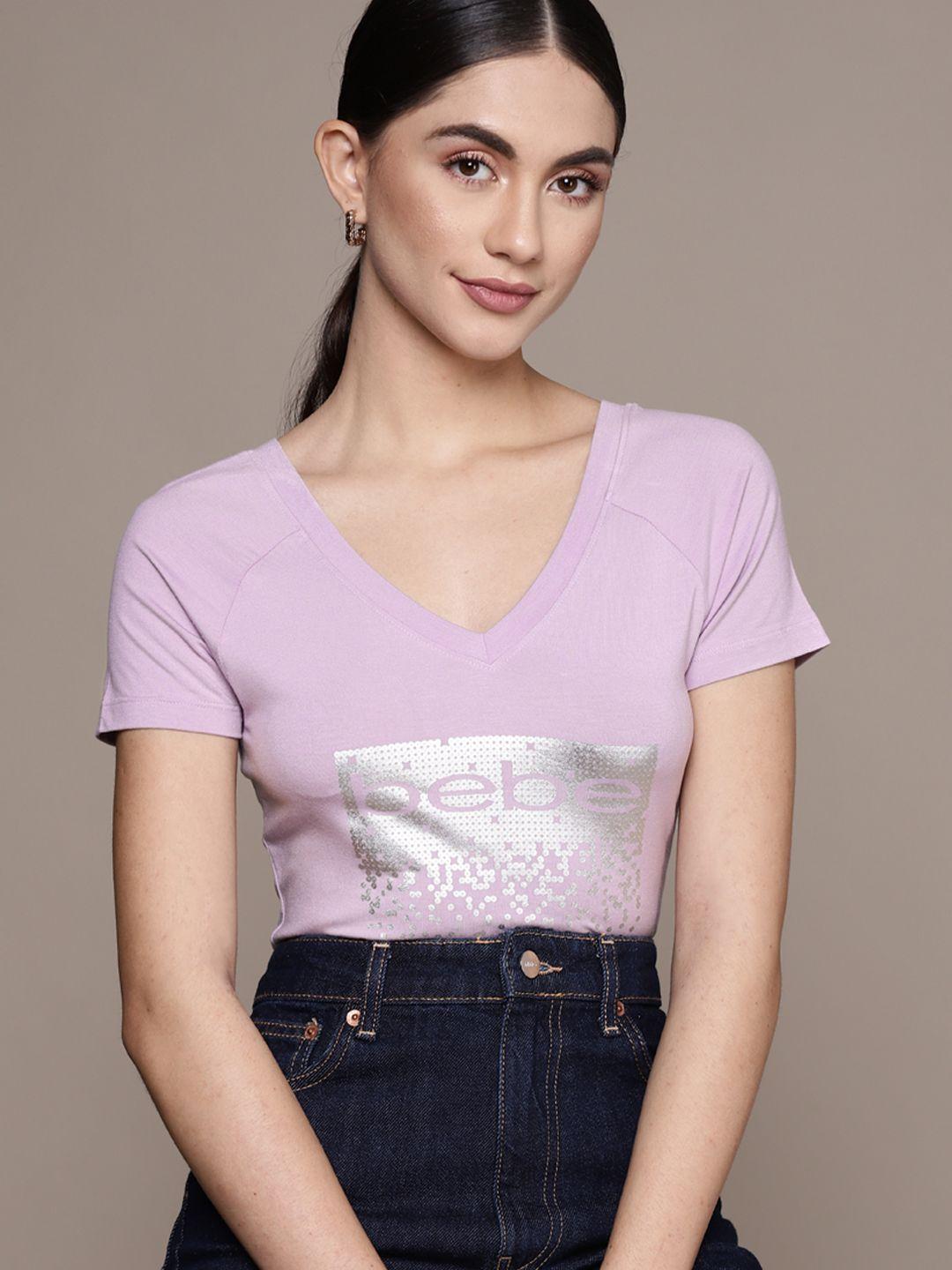 bebe women lavender brand logo printed v-neck t-shirt with sheen surface