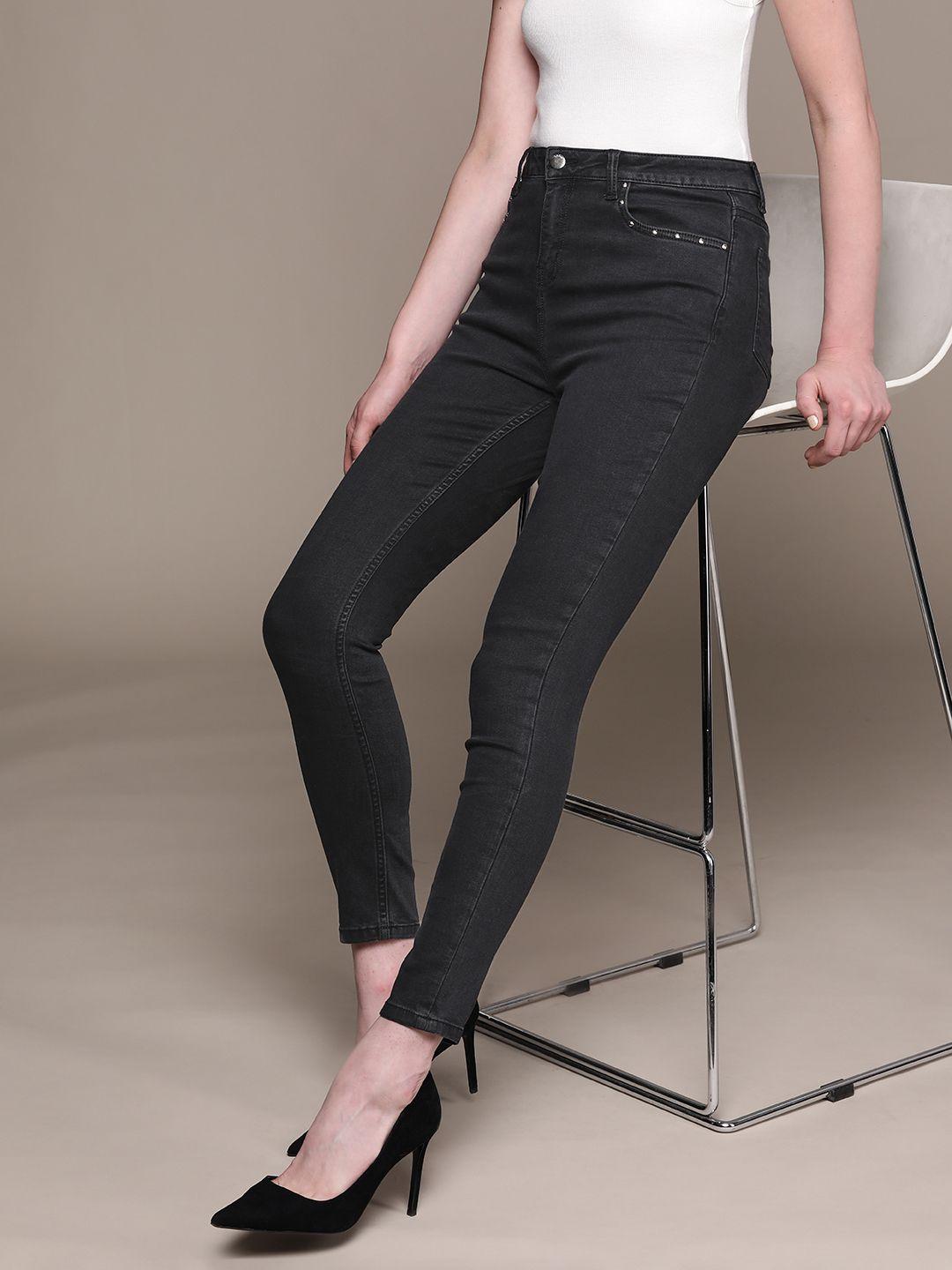 bebe women midnight black essential super skinny fit high-rise stretchable jeans