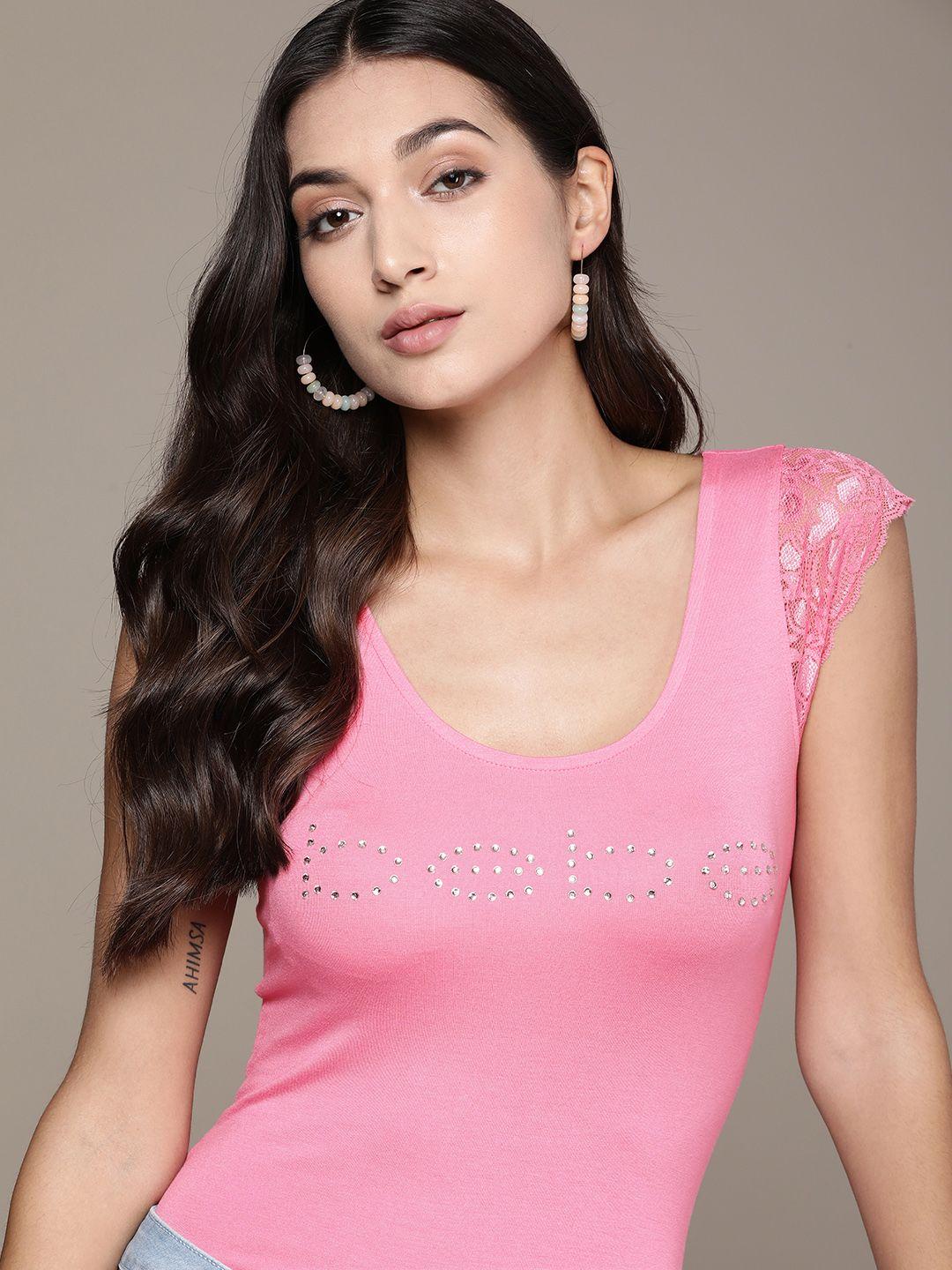 bebe women pink brand logo printed slim fit t-shirt