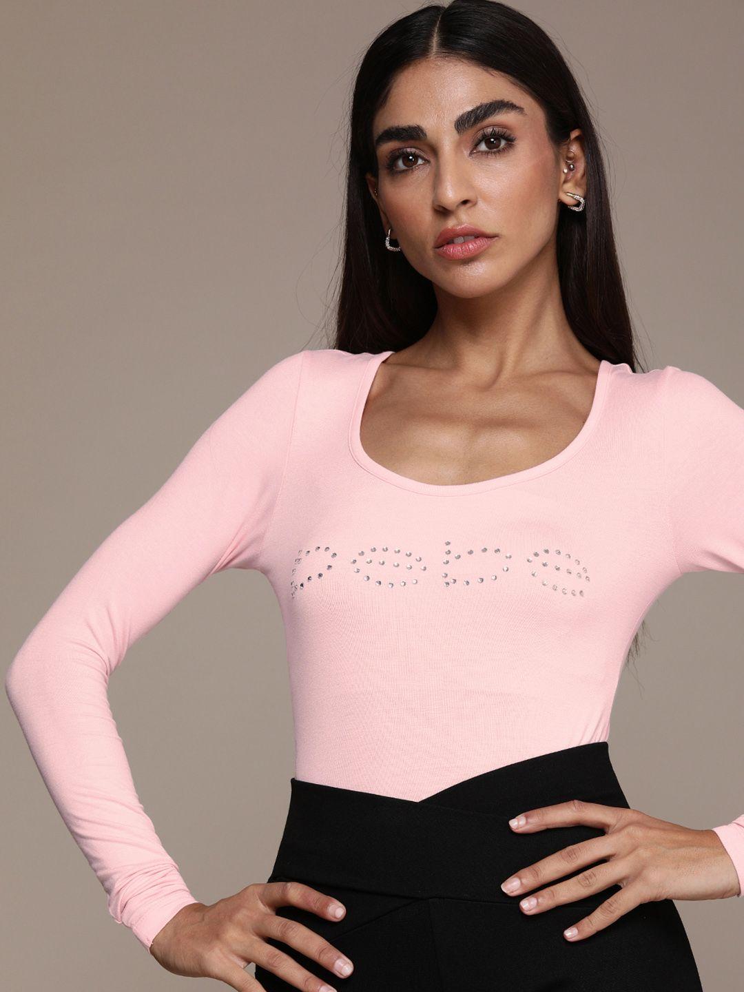 bebe women pink slim fit brand logo embellished t-shirt