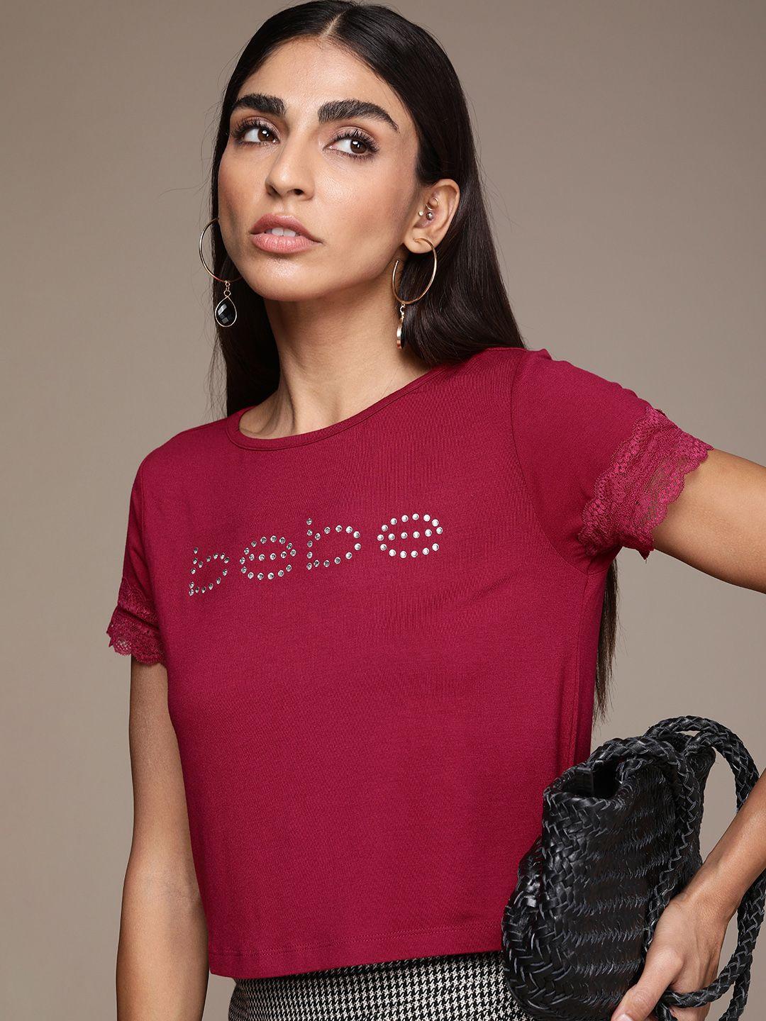 bebe women red brand logo embellished t-shirt