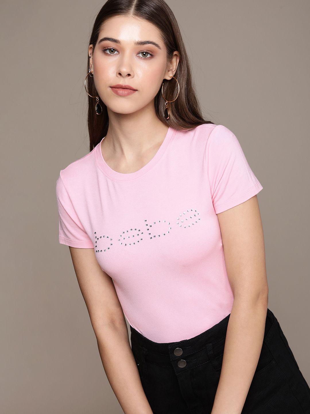 bebe women romance rose essential solid beads & stones detailing slim fit casual t-shirt