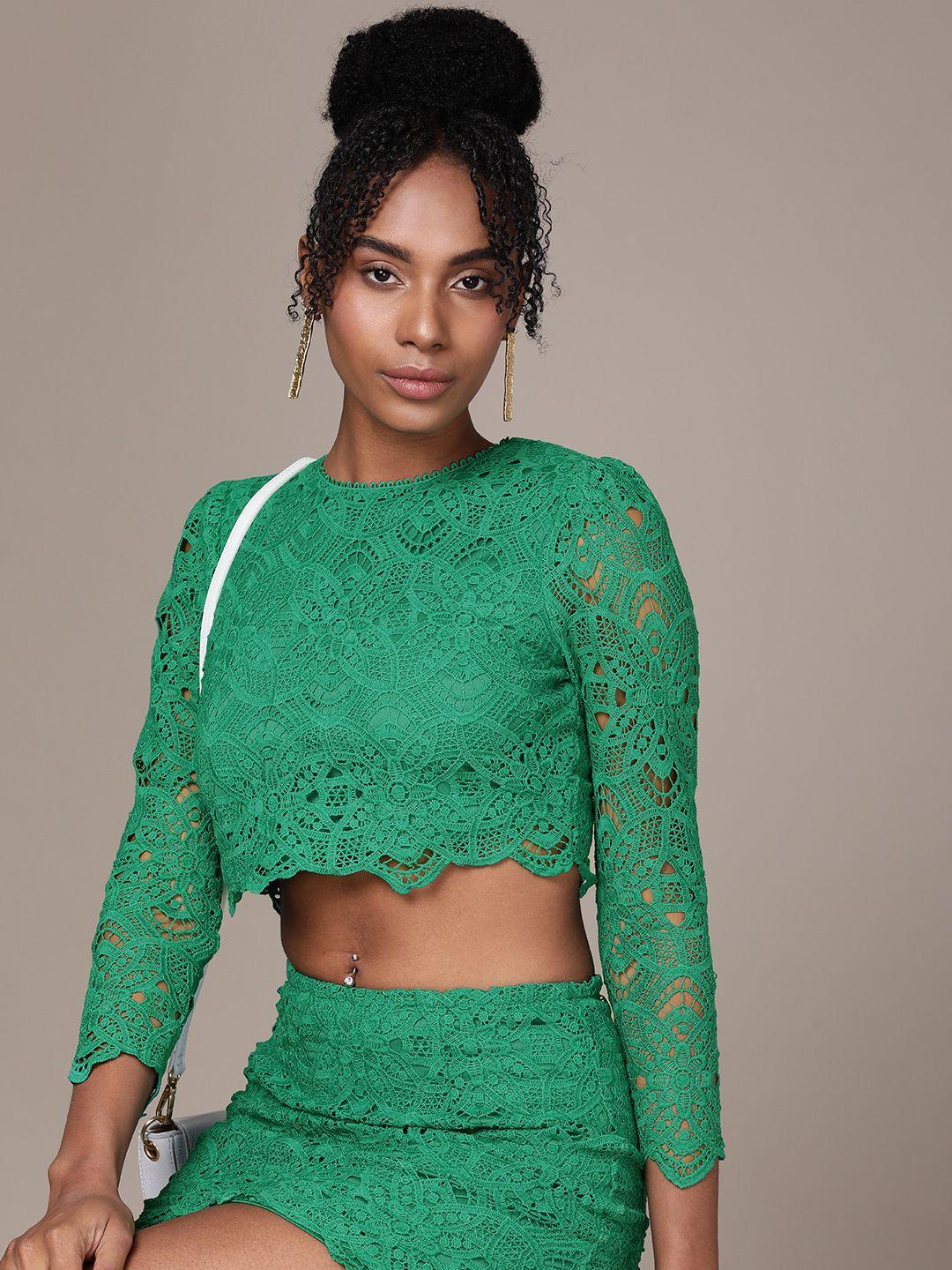 bebe women self design lace long sleeves crop top with skirt co-ord set