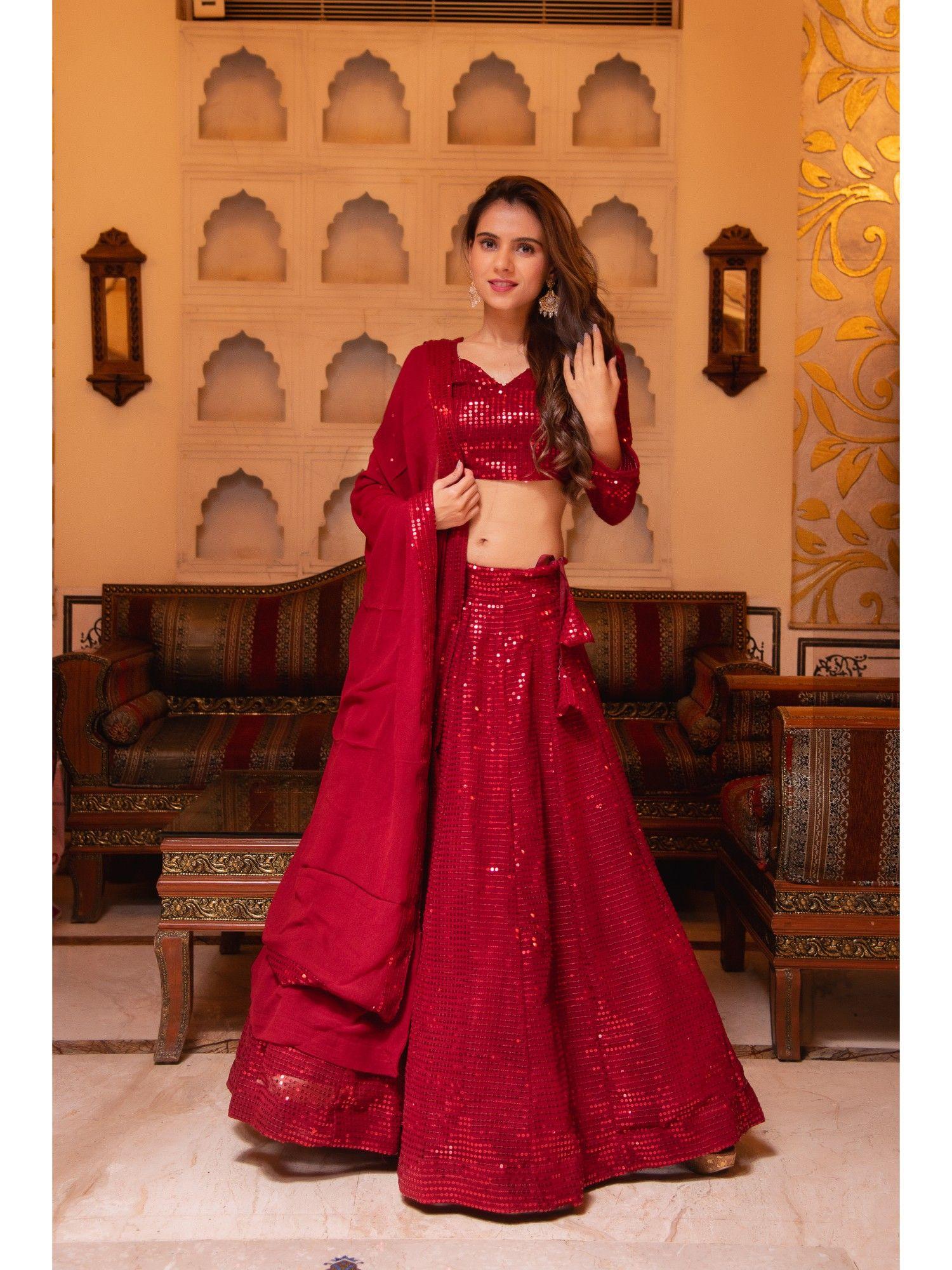 bebo red sequin lehenga (set of 3)