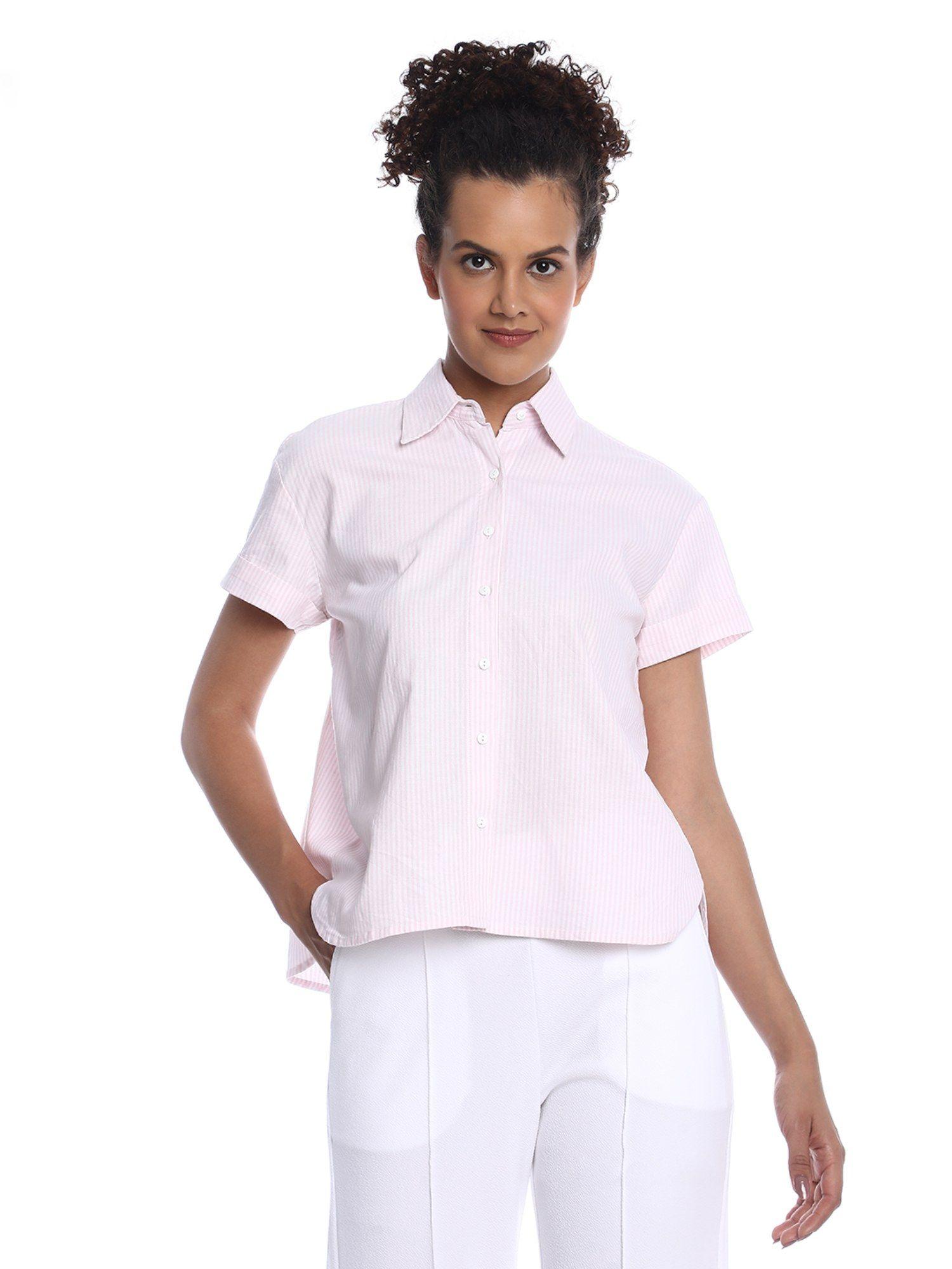 becky pink and white striped oxford cotton boxy shirt for women