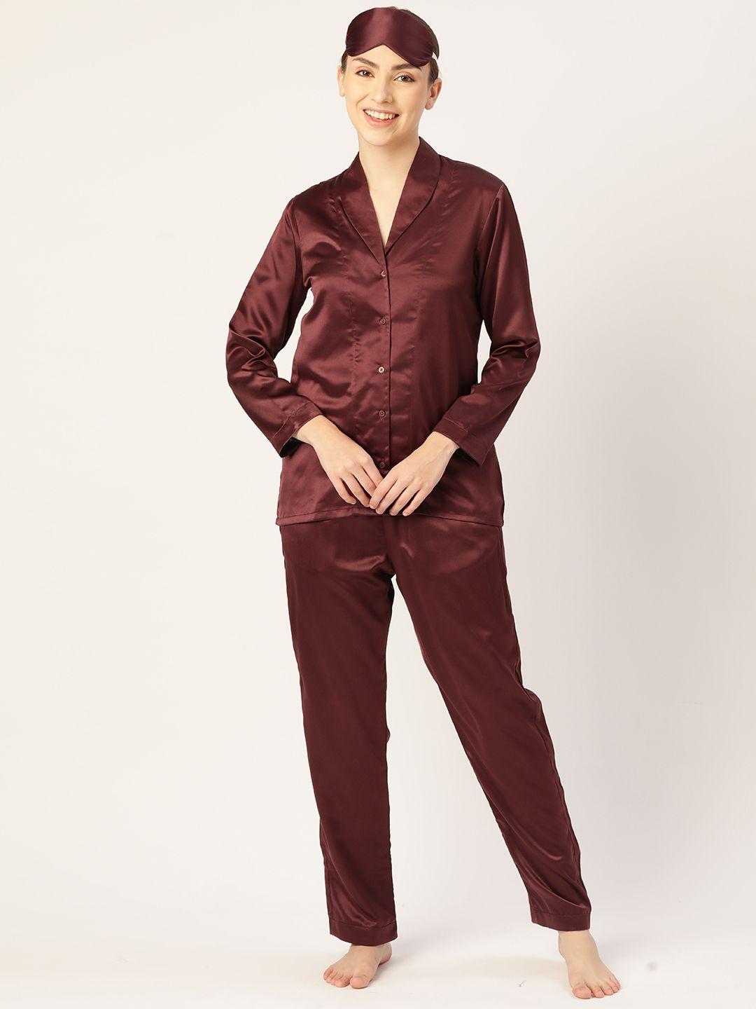 bedgasm women maroon solid satin night suit with eye mask