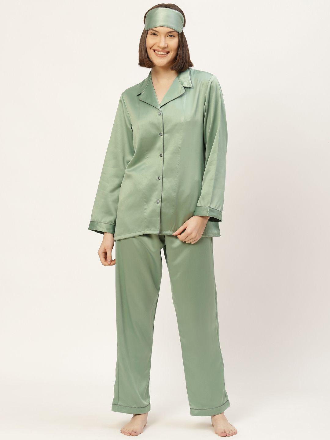 bedgasm women olive green satin night suit with eye mask