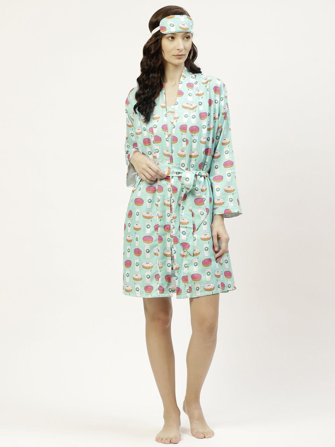 bedgasm sea green & pink printed nightdress with matching robe & eye mask