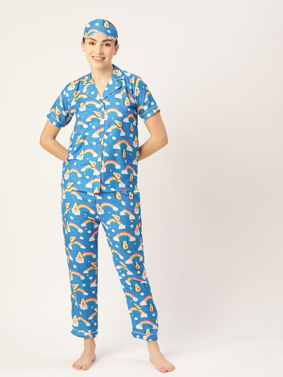 bedgasm women blue printed night suit with eye mask