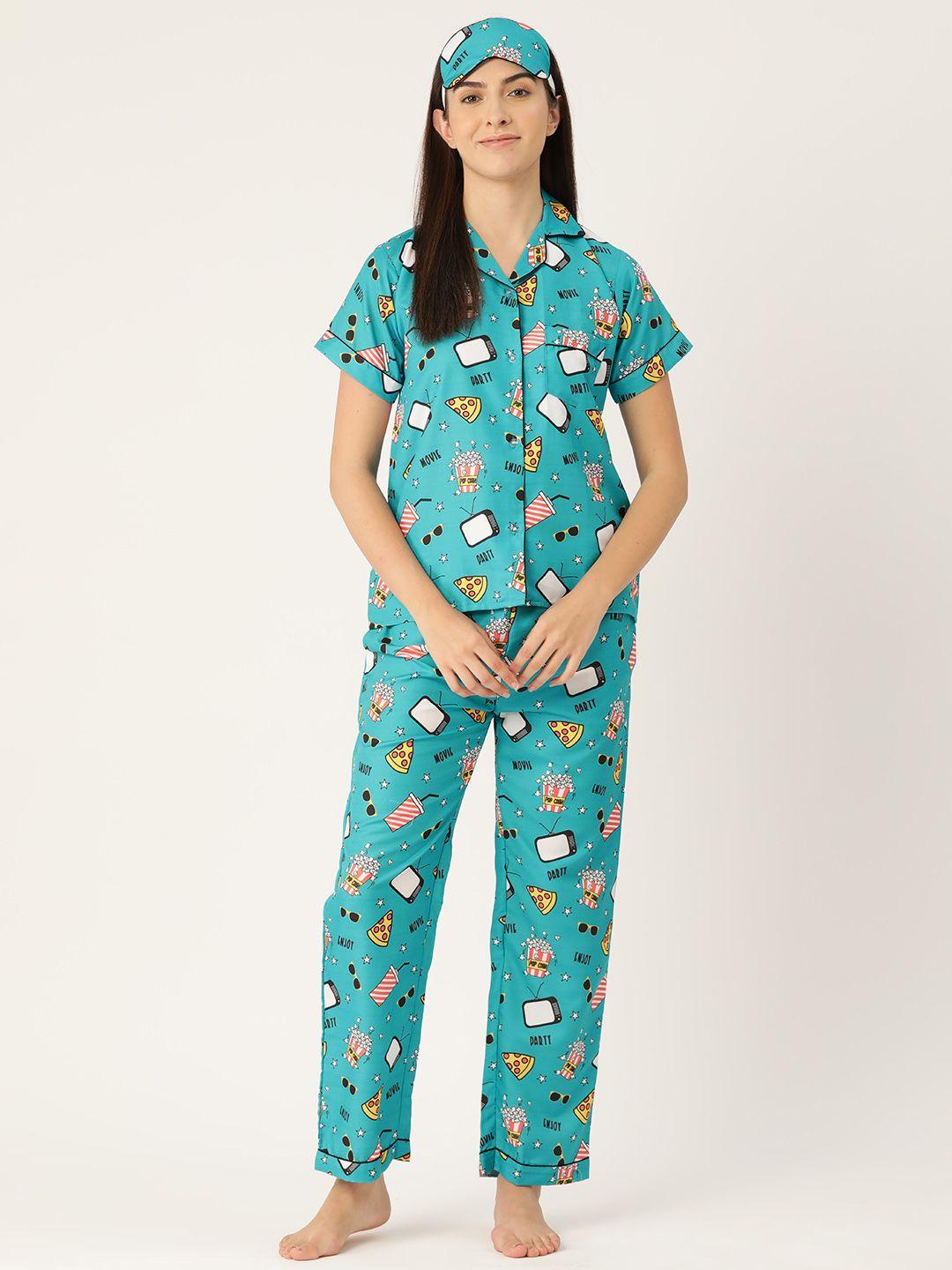 bedgasm women conversational printed night suit with eye mask