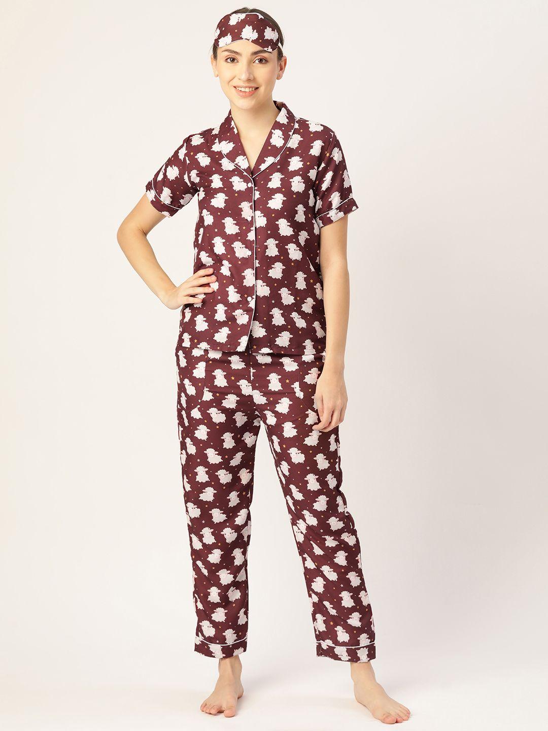 bedgasm women maroon & white printed night suit comes with eye mask