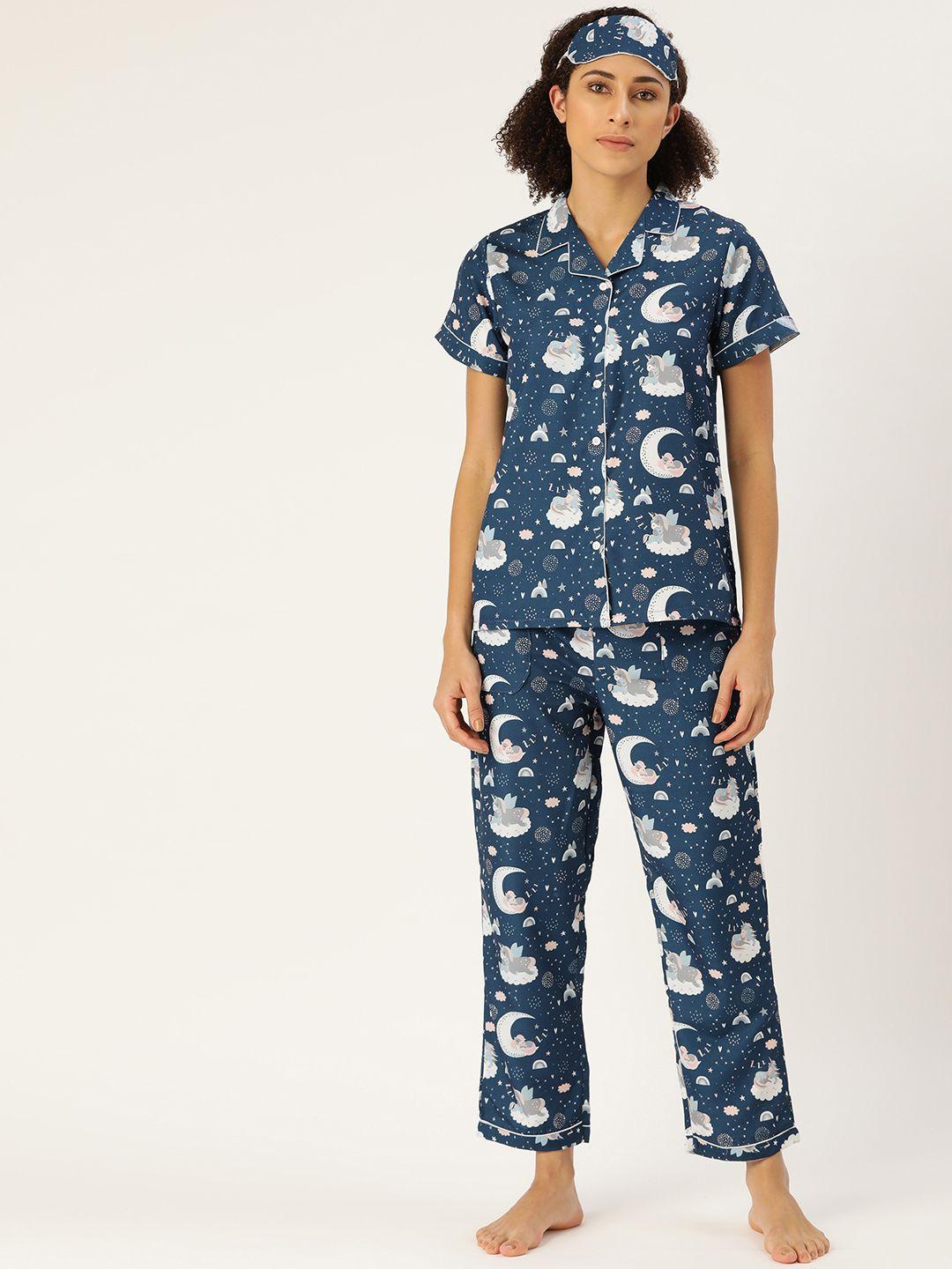 bedgasm women navy blue & white printed pyjama set with eyemask