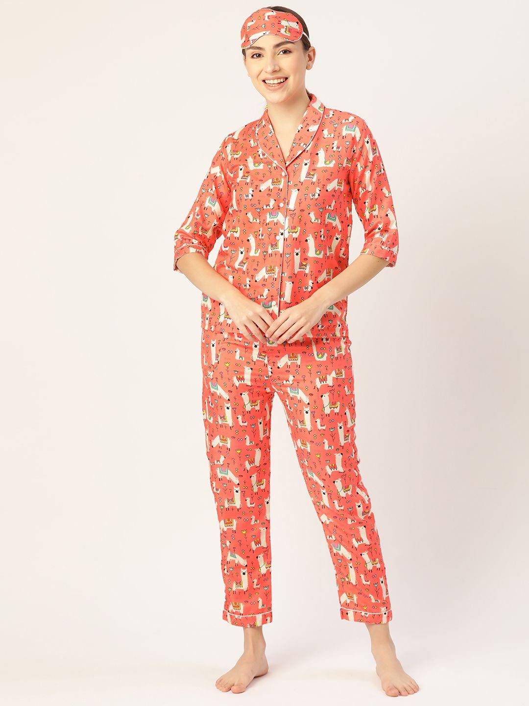 bedgasm women orange & off white printed pyjama set