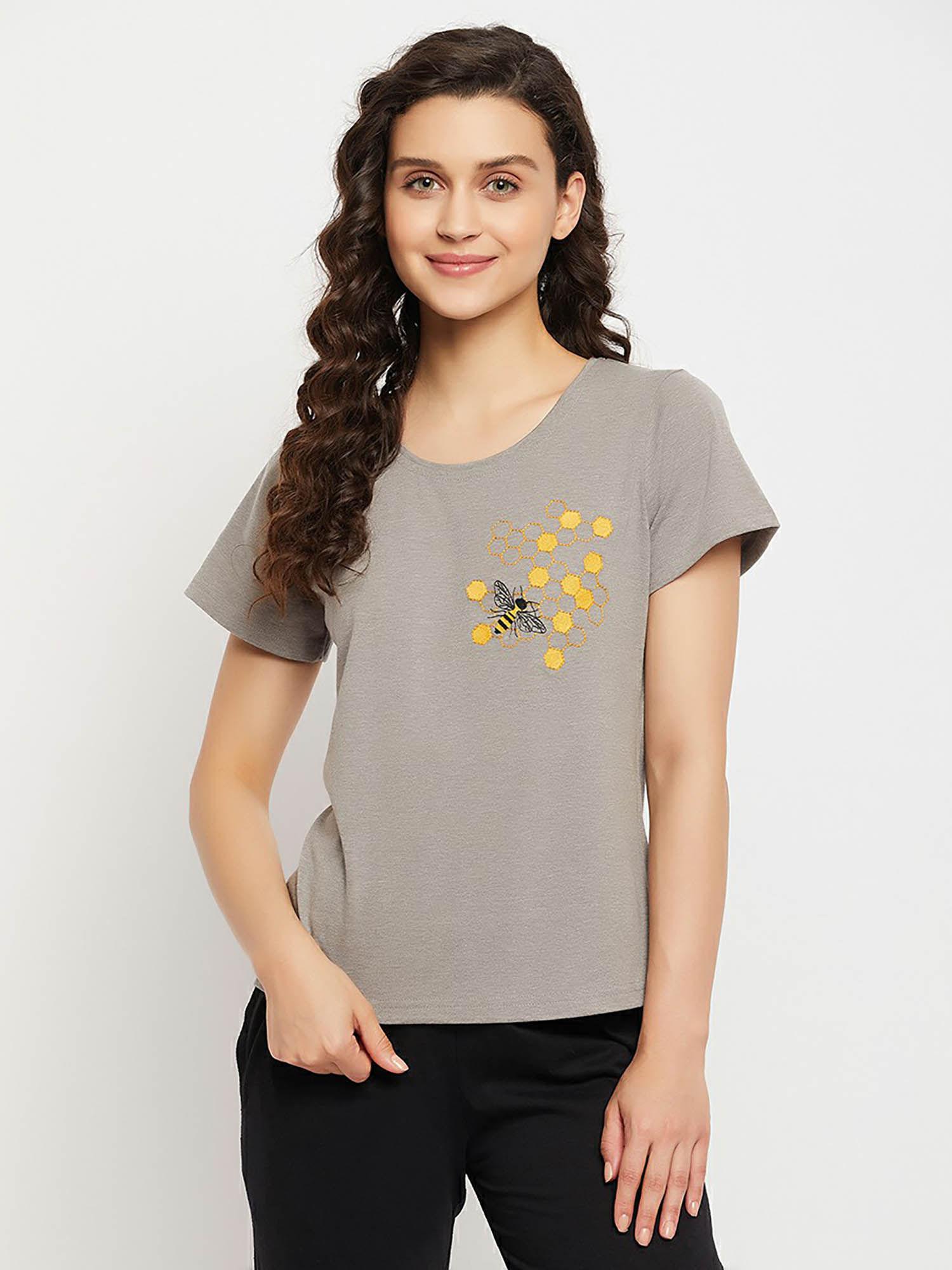 bee embroidered top in grey melange - 100 percent cotton