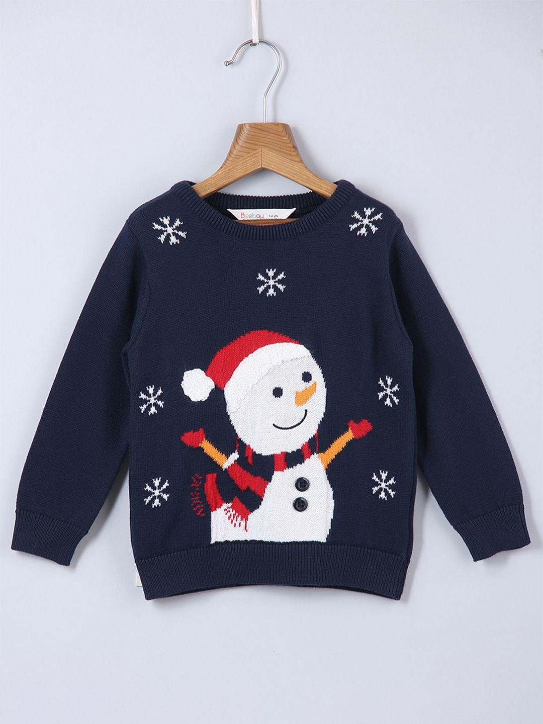beebay boys navy blue & white embroidered pullover sweater