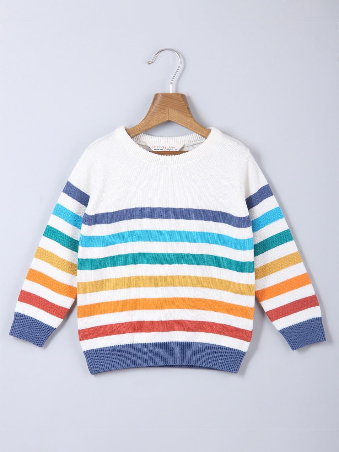 beebay boys white & yellow striped robbed pullover sweater