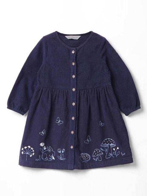 beebay kids navy & white cotton embroidered full sleeves dress
