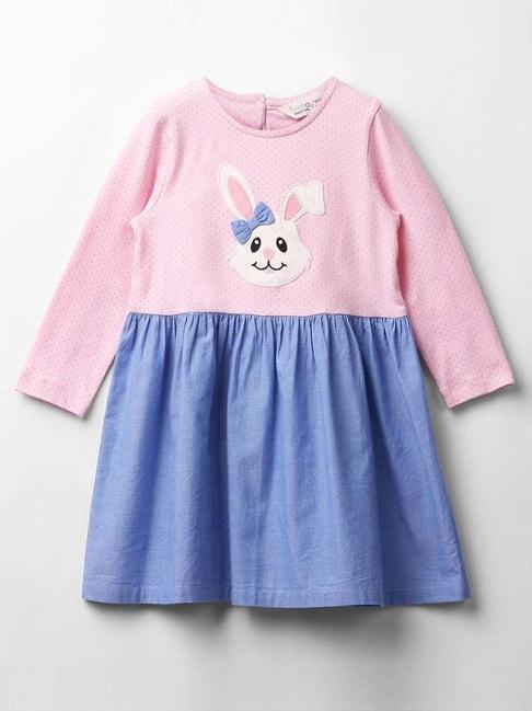 beebay kids pink & blue cotton embroidered full sleeves dress