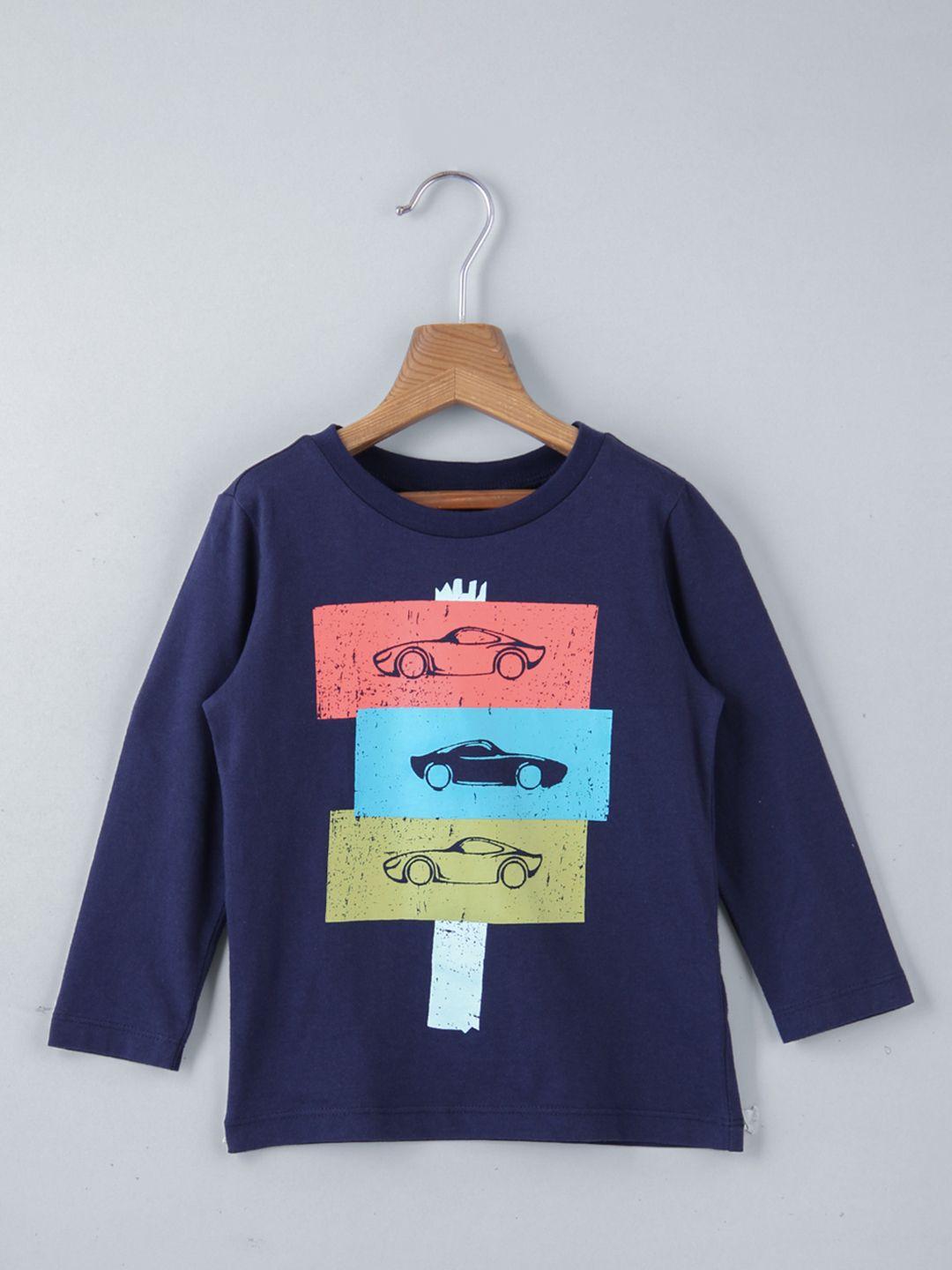 beebay boys navy blue graphic printed pure cotton long sleeves t-shirt