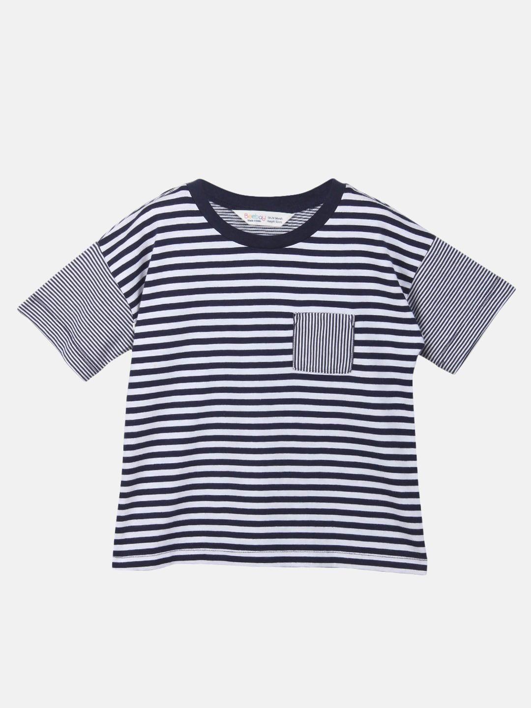 beebay boys navy blue striped pure cotton t-shirt