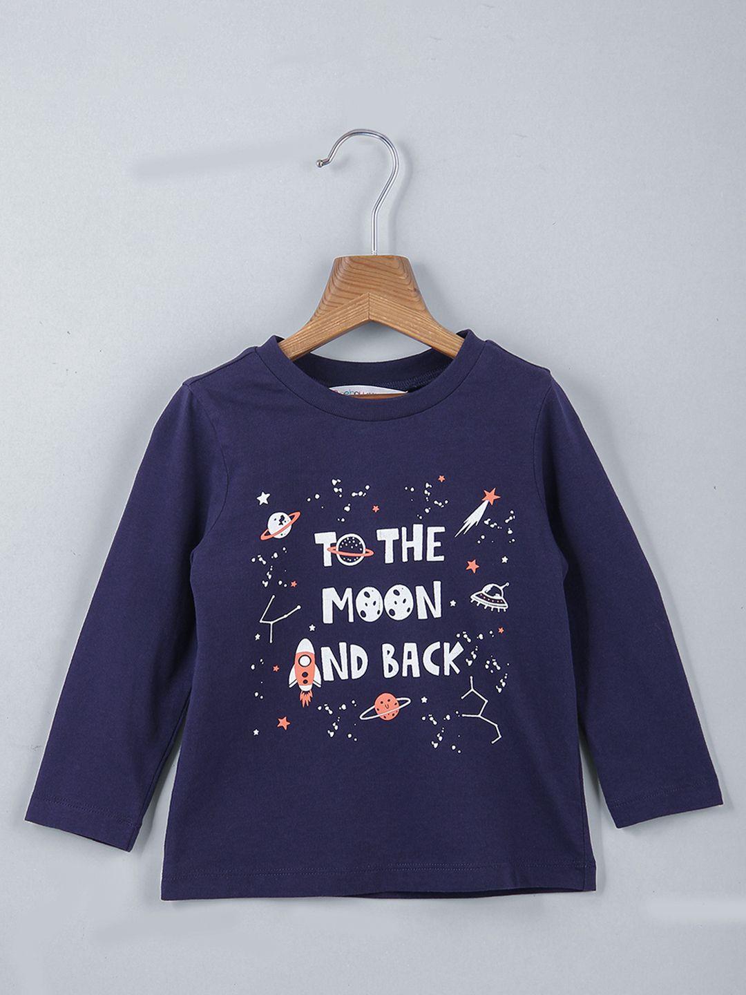beebay boys navy blue typography printed pure cotton long sleeves t-shirt
