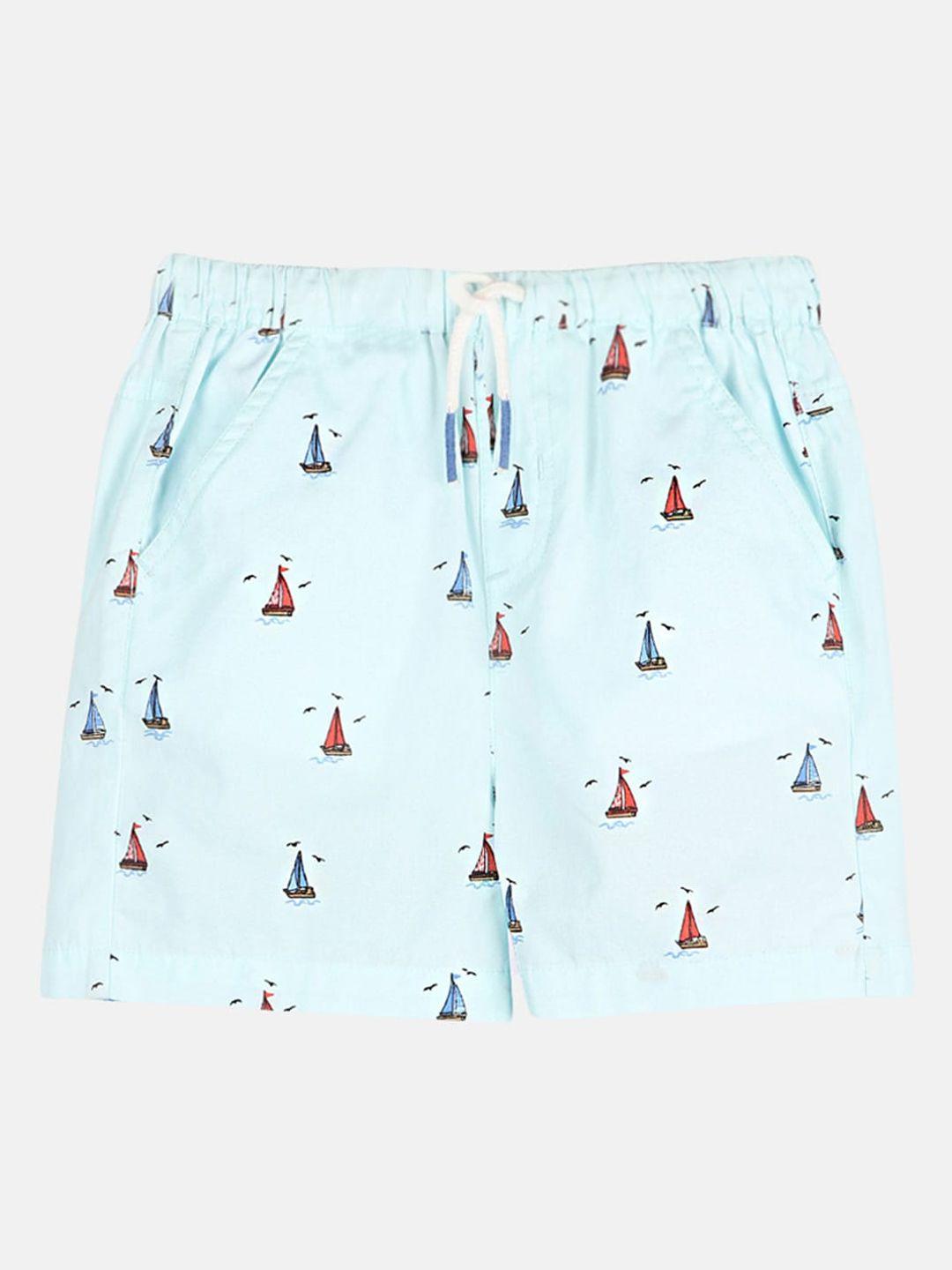 beebay boys turquoise blue & red printed cotton shorts