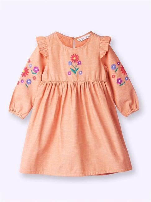 beebay kids peach embroidered full sleeves dress