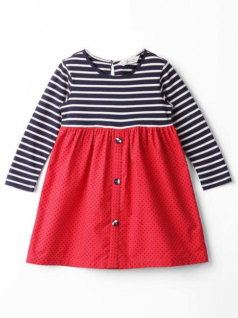 beebay kids red & black cotton striped full sleeves dress