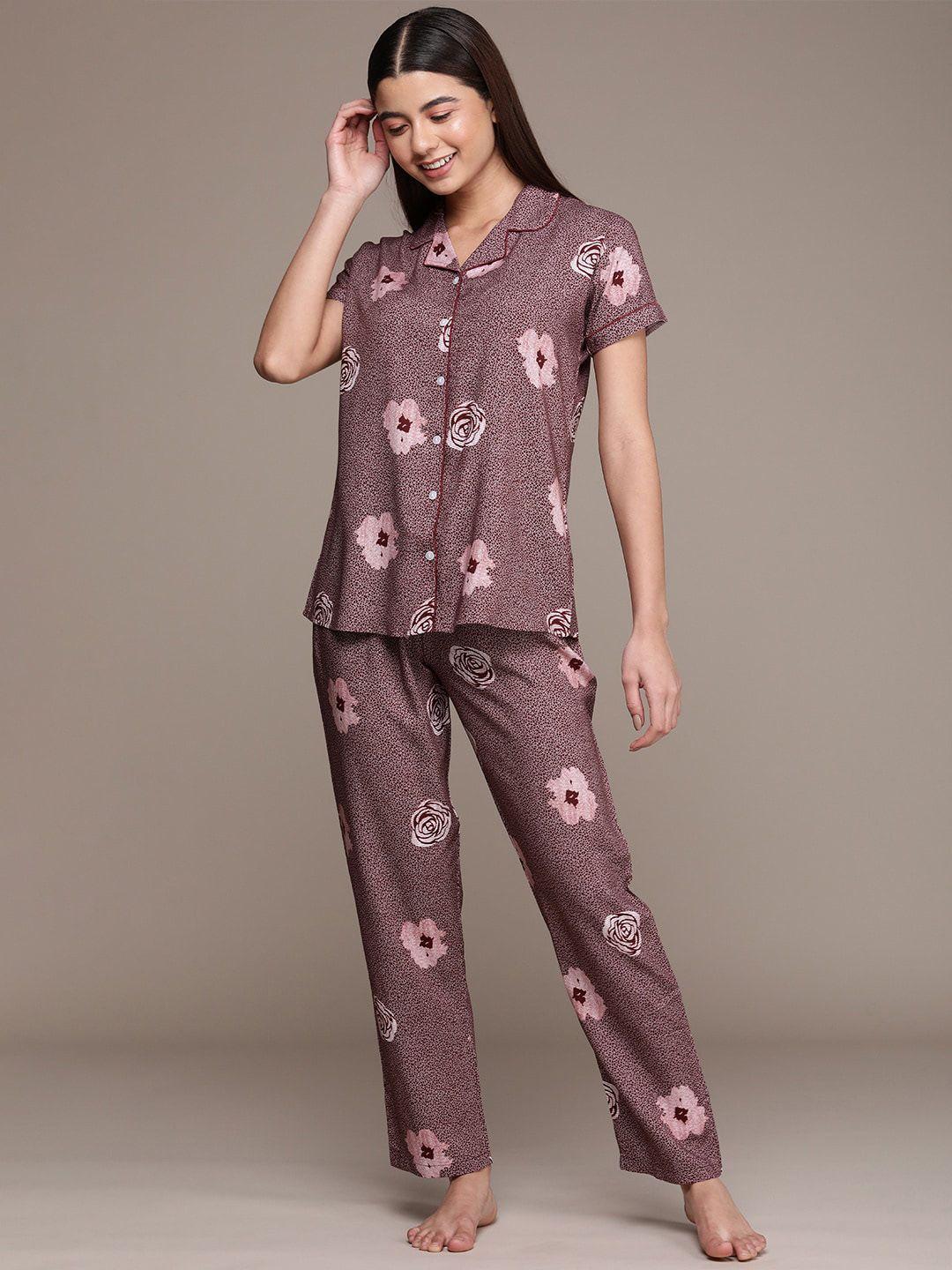beebelle floral printed lapel collar night suit