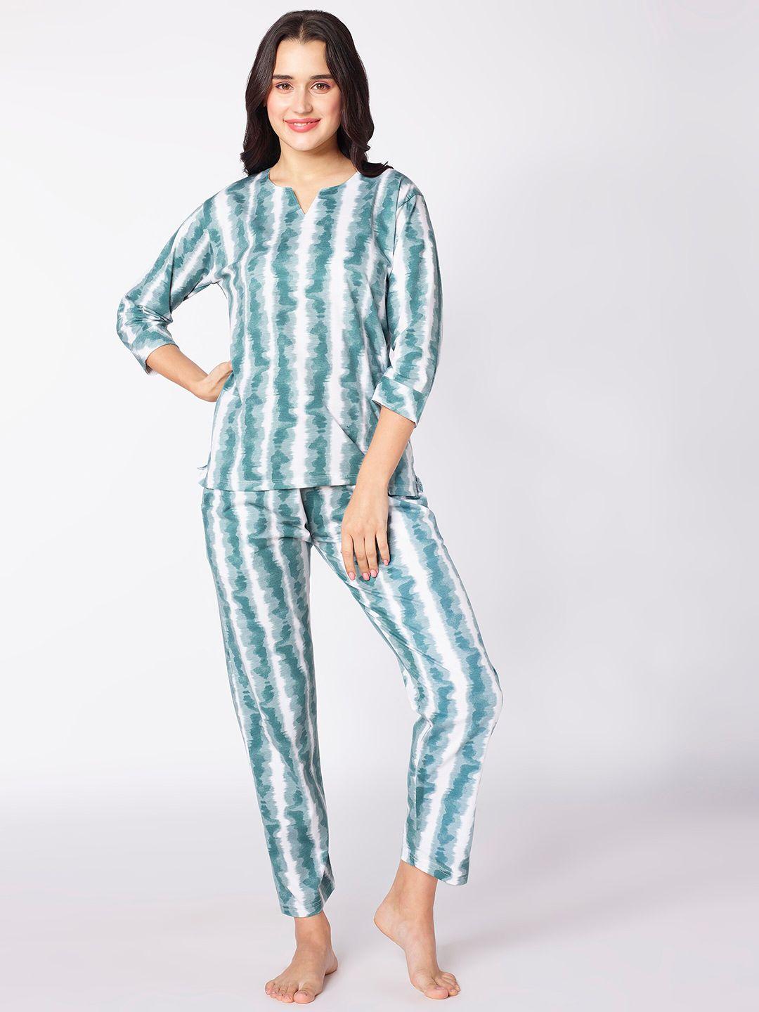 beebelle green & white tie and dye printed night suit