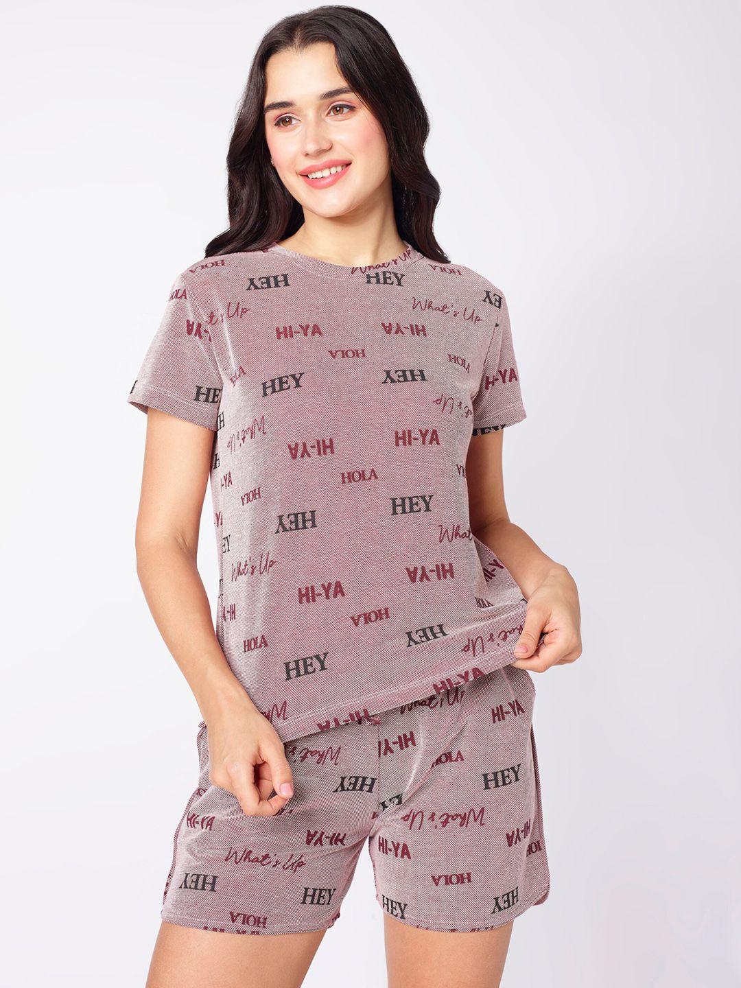 beebelle maroon & red typography printed night suit