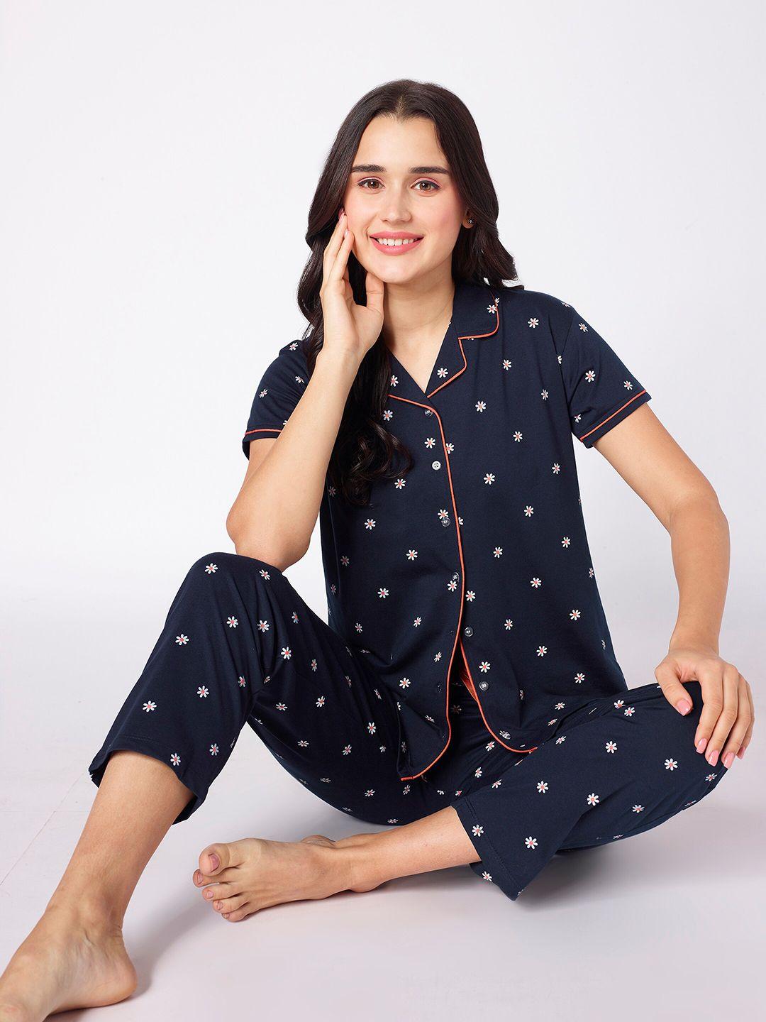 beebelle navy blue & white floral printed night suit