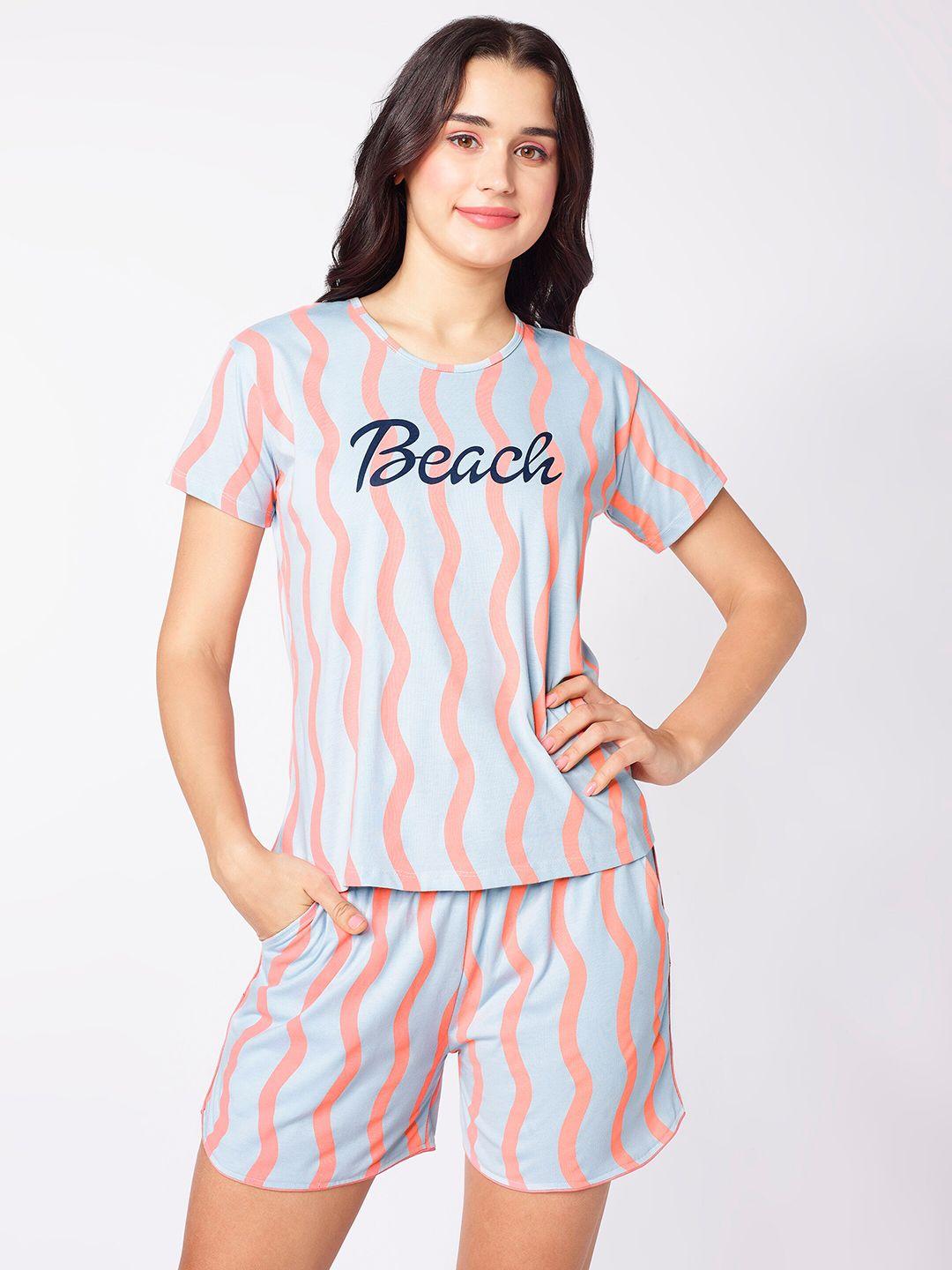 beebelle peach-coloured & grey striped printed round neck night suit