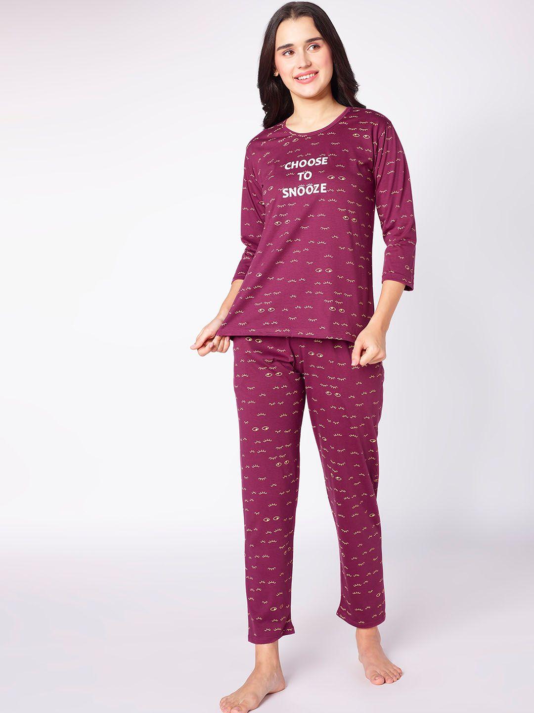 beebelle women burgundy & white graphic printed night suit